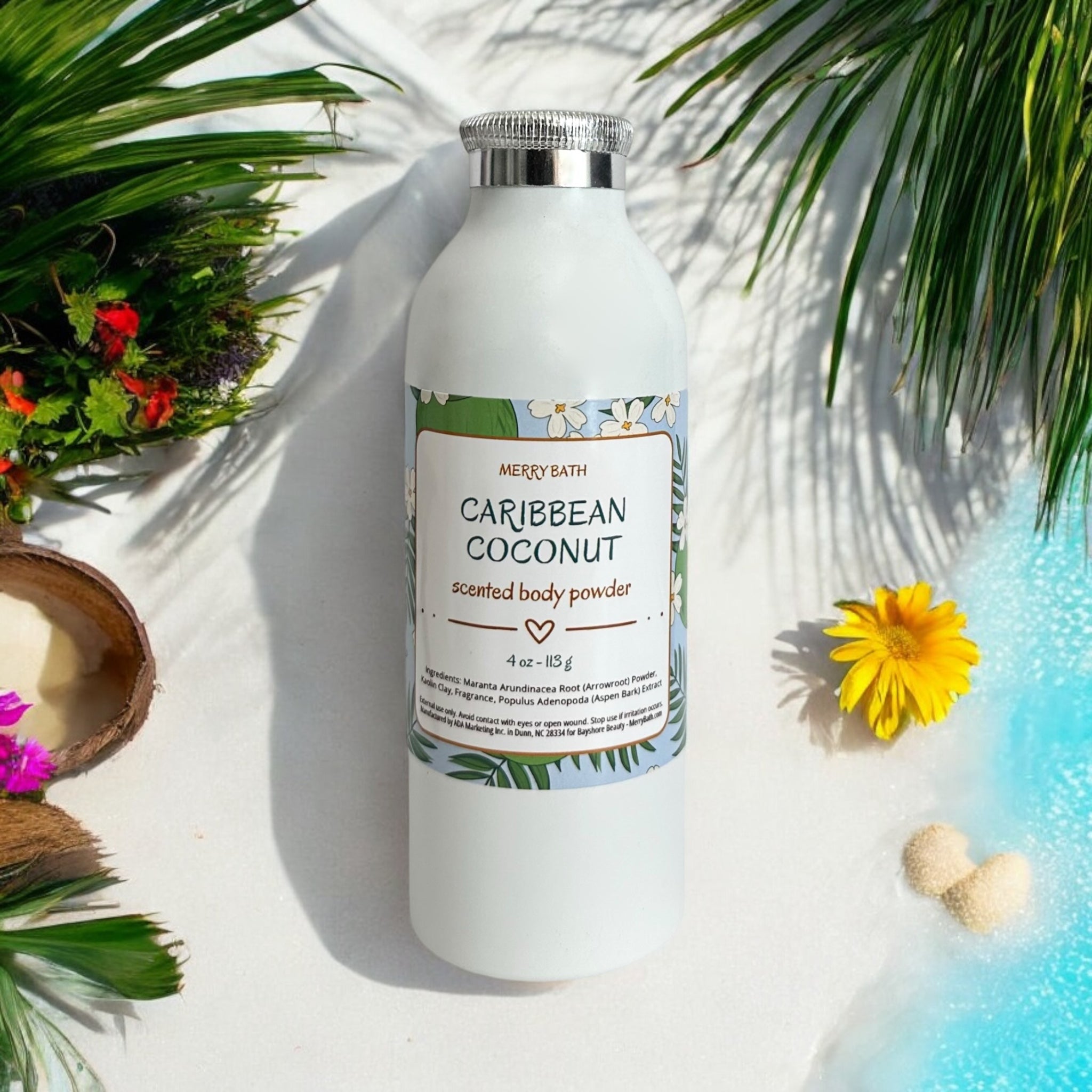 Caribbean coconut scented body dusting powder bottle with silver cap, white label