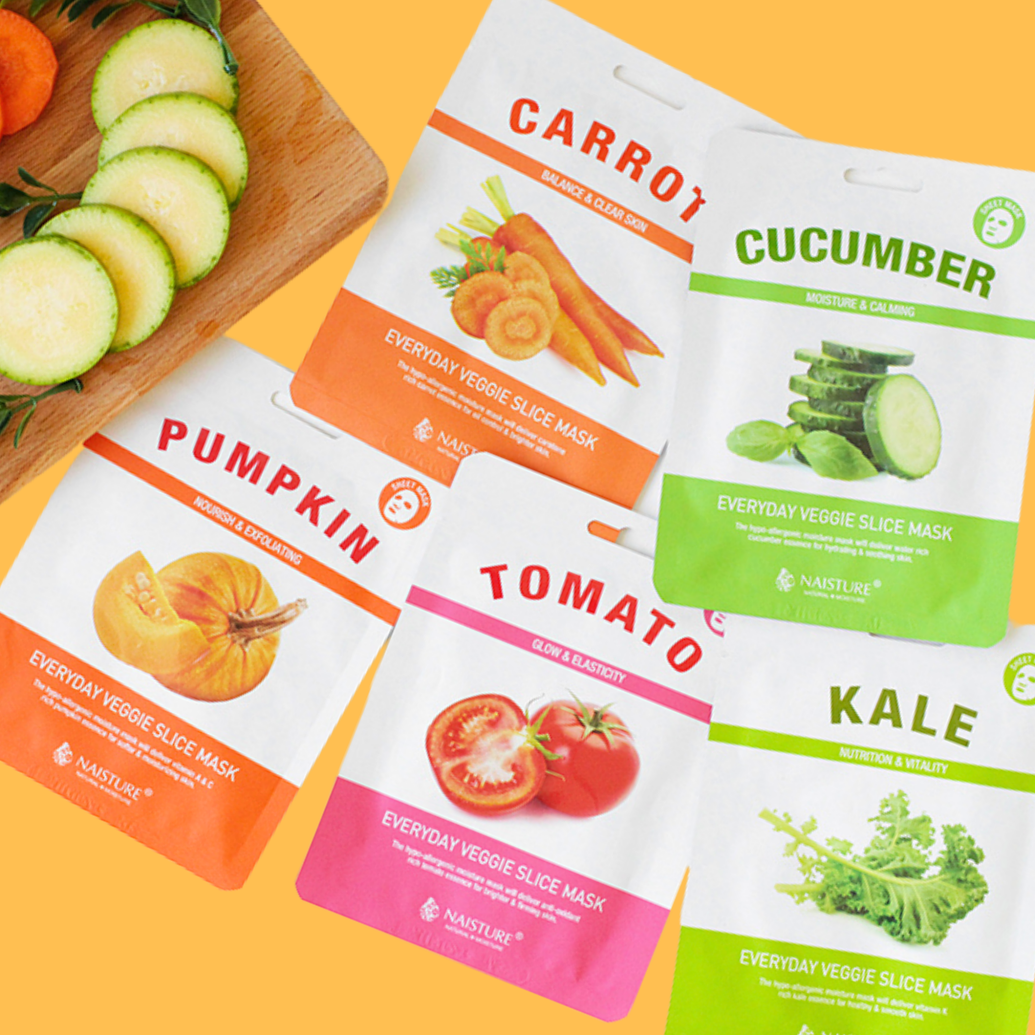 Vegetable slice mask pouches: cucumber, carrot, tomato, kale, and pumpkin