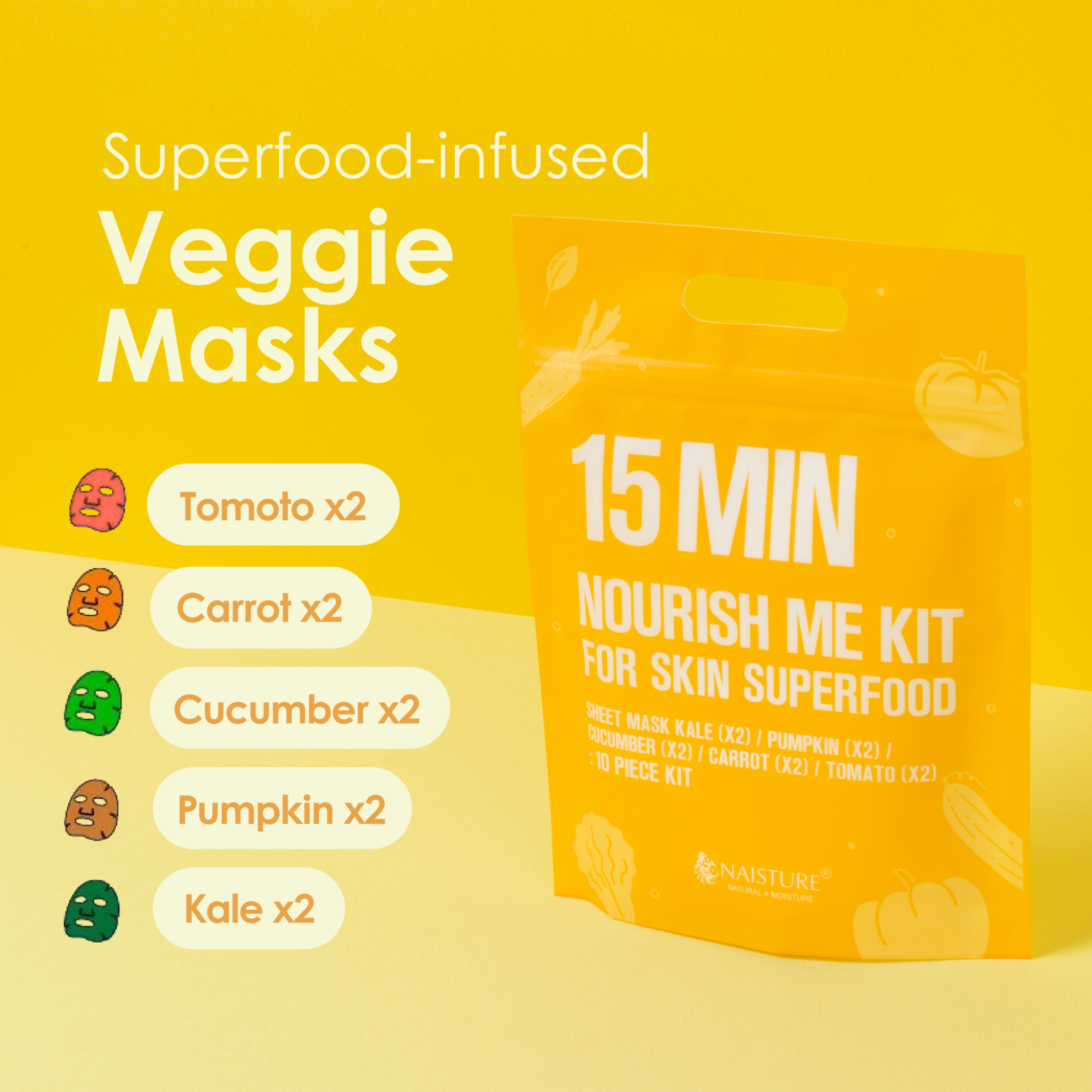 15 MIN Nourish Me Kit pouch with labeled veggie mask flavors on the side