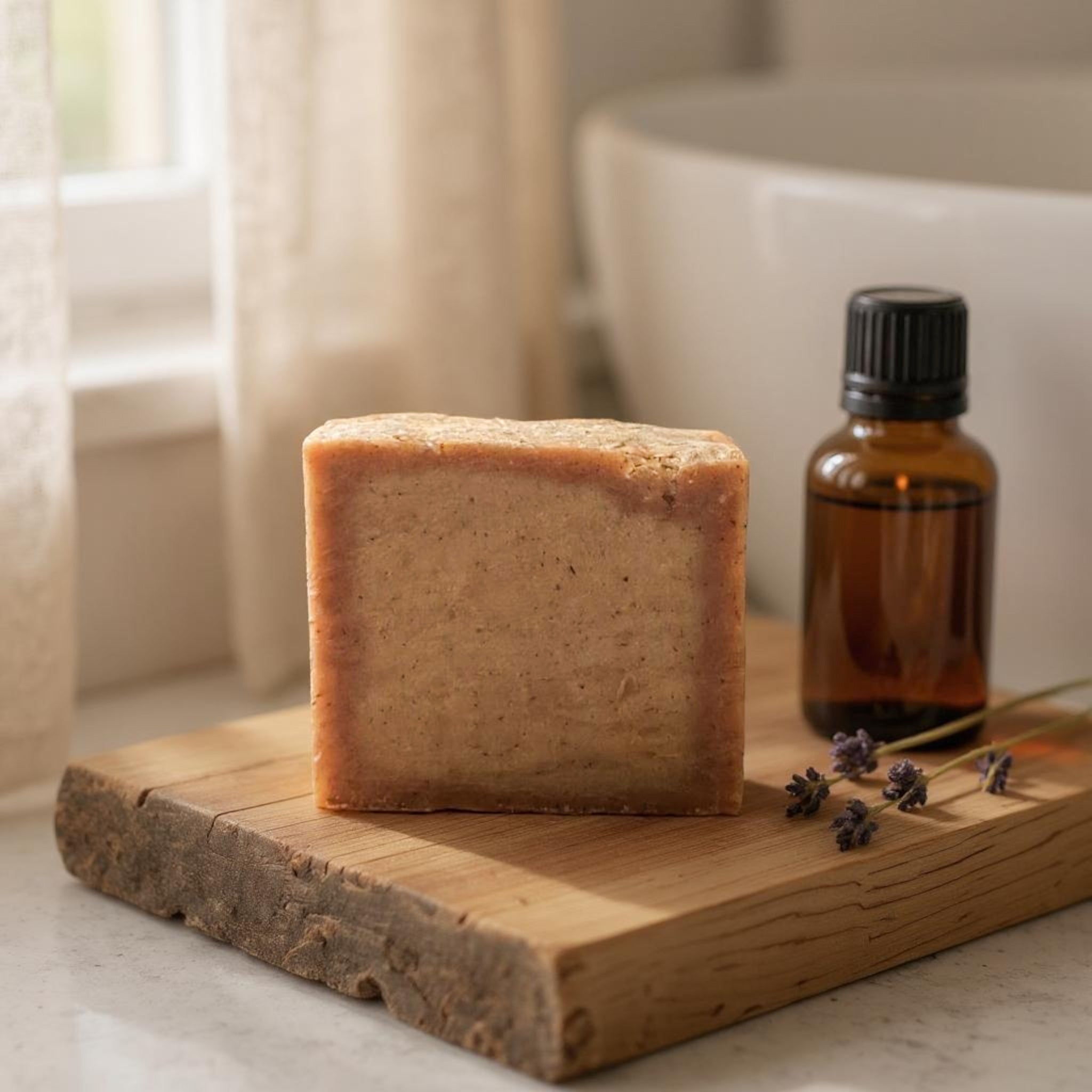 Bar of soap and bottle on a wooden board with a blurred bathroom background