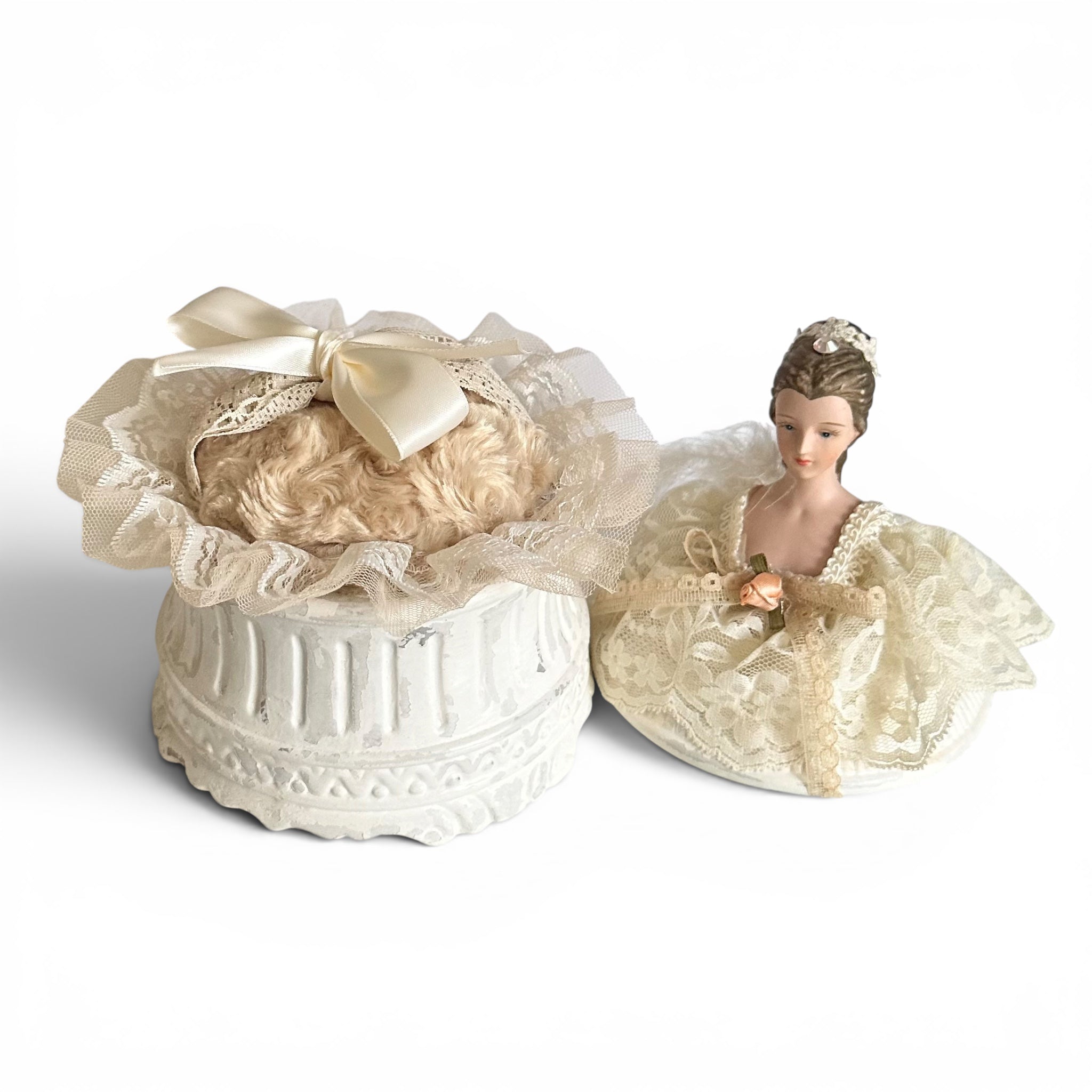 One-of-a-Kind Victorian Lady Vanity Powder Box with Handmade Lace Puff