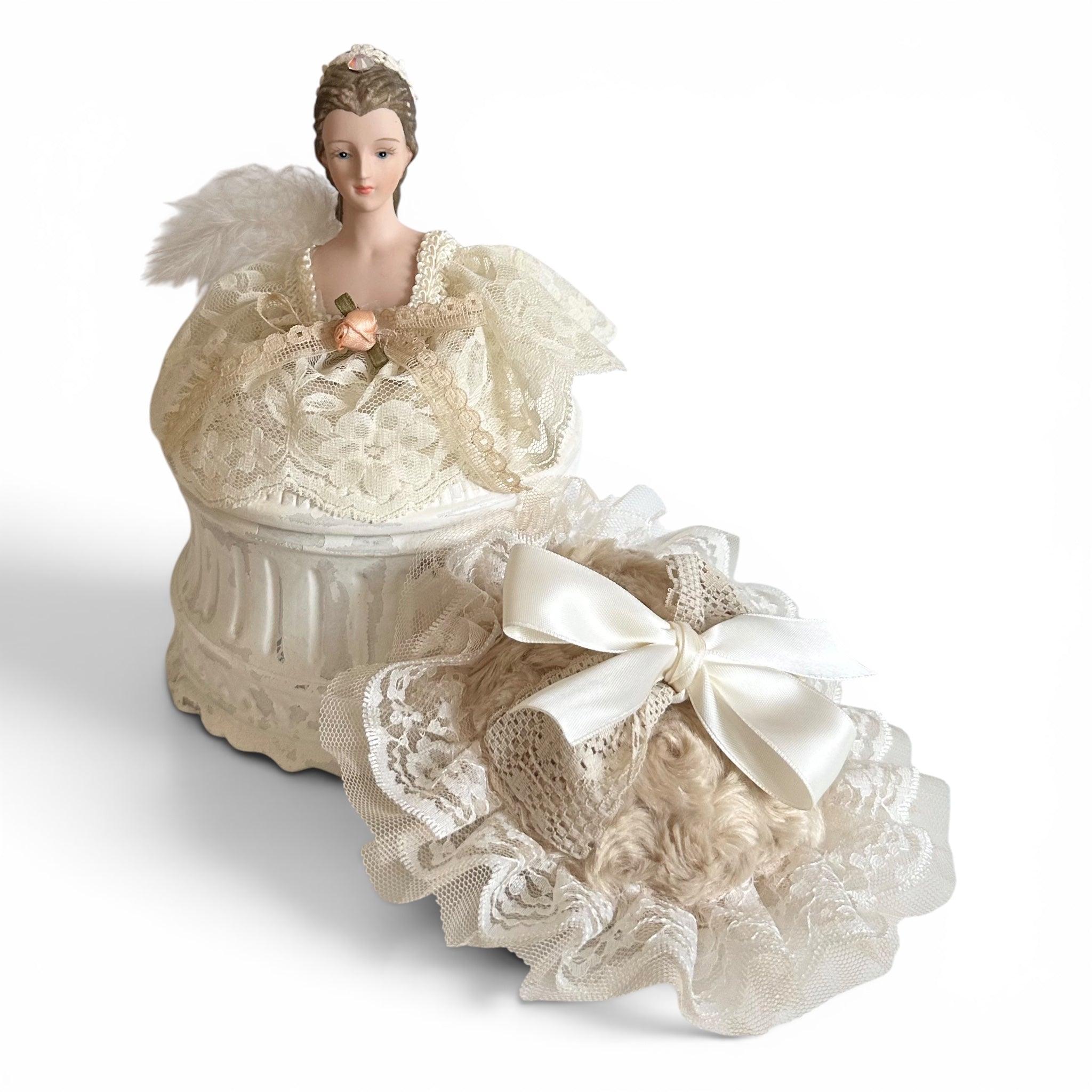 One-of-a-Kind Victorian Lady Vanity Powder Box with Handmade Lace Puff