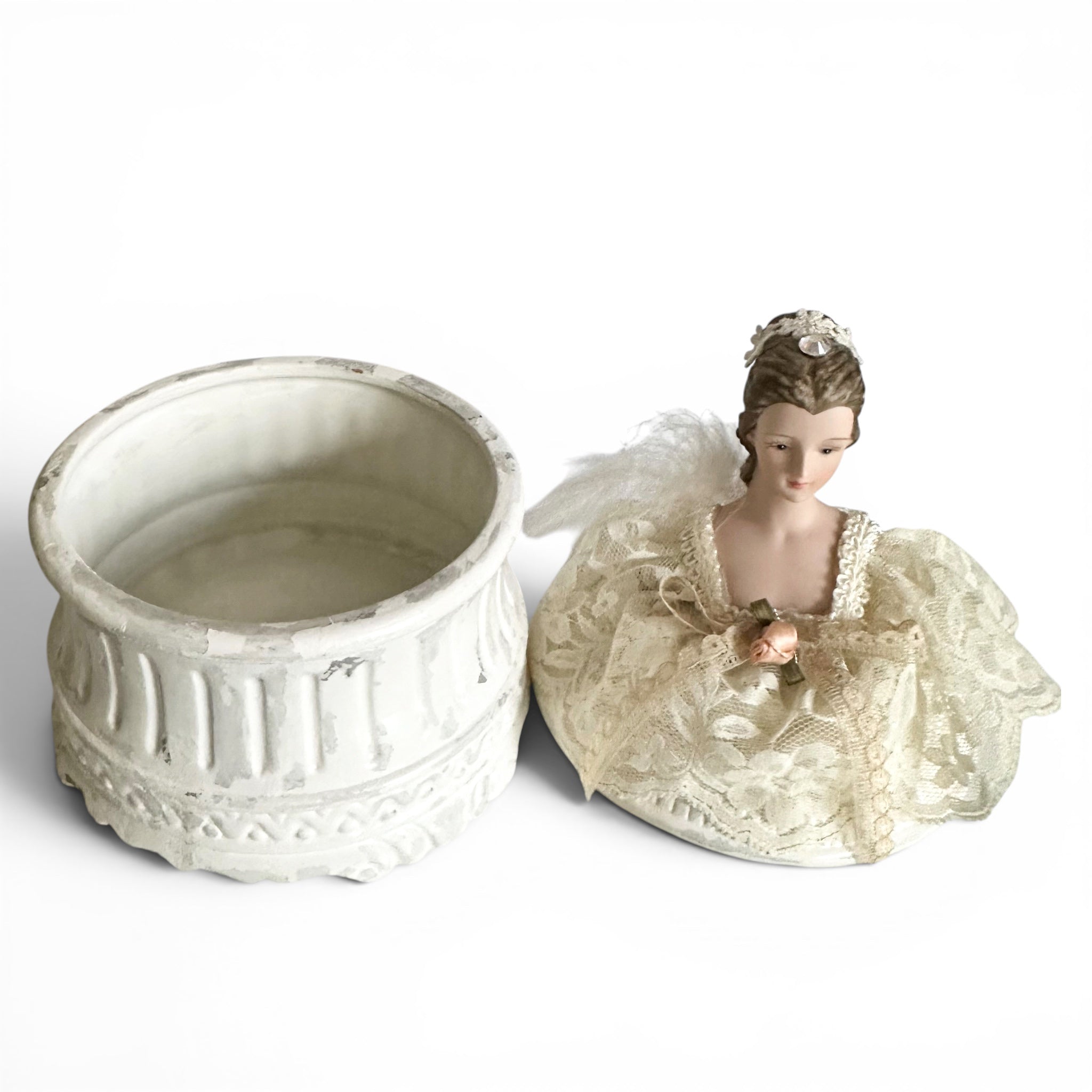 One-of-a-Kind Victorian Lady Vanity Powder Box with Handmade Lace Puff