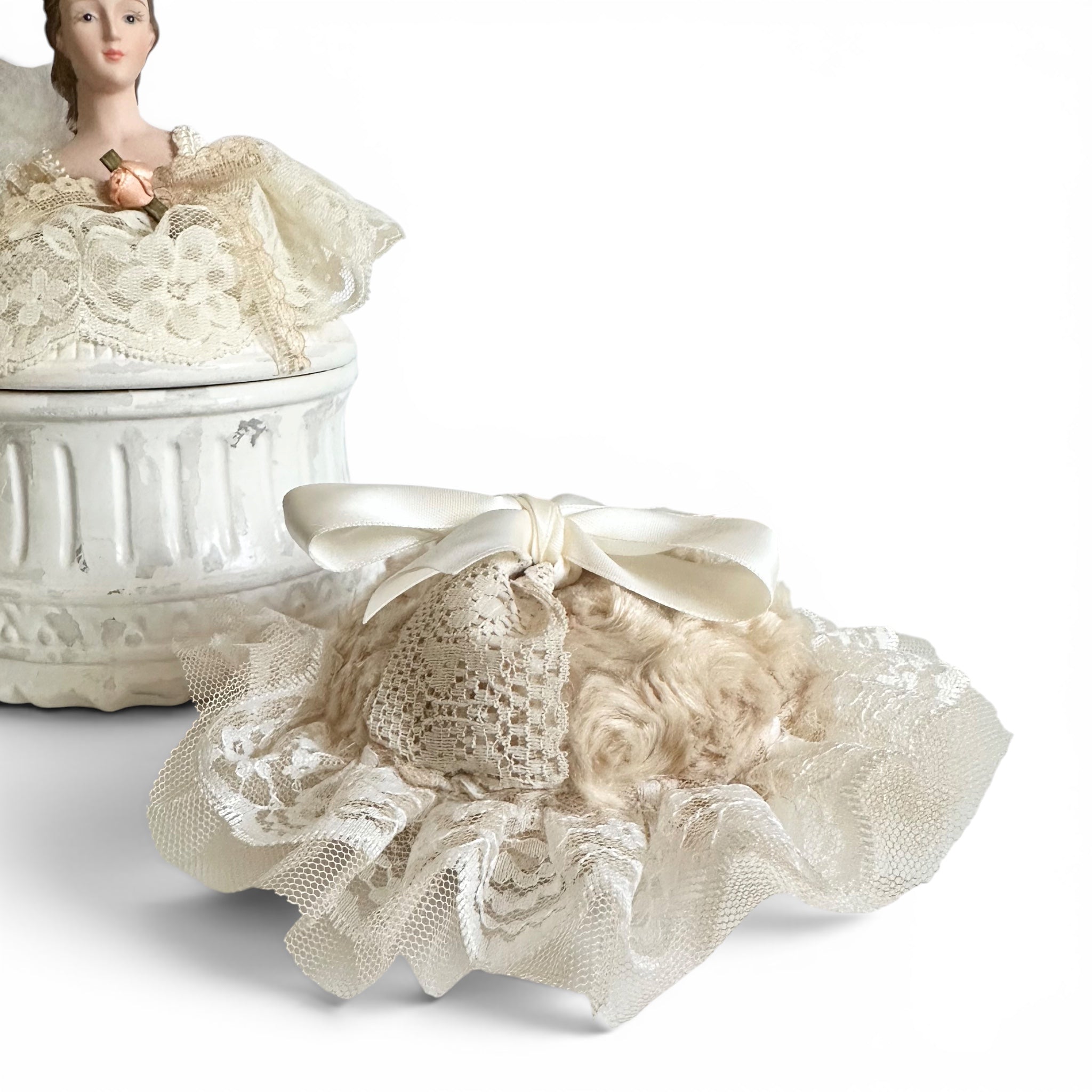 One-of-a-Kind Victorian Lady Vanity Powder Box with Handmade Lace Puff