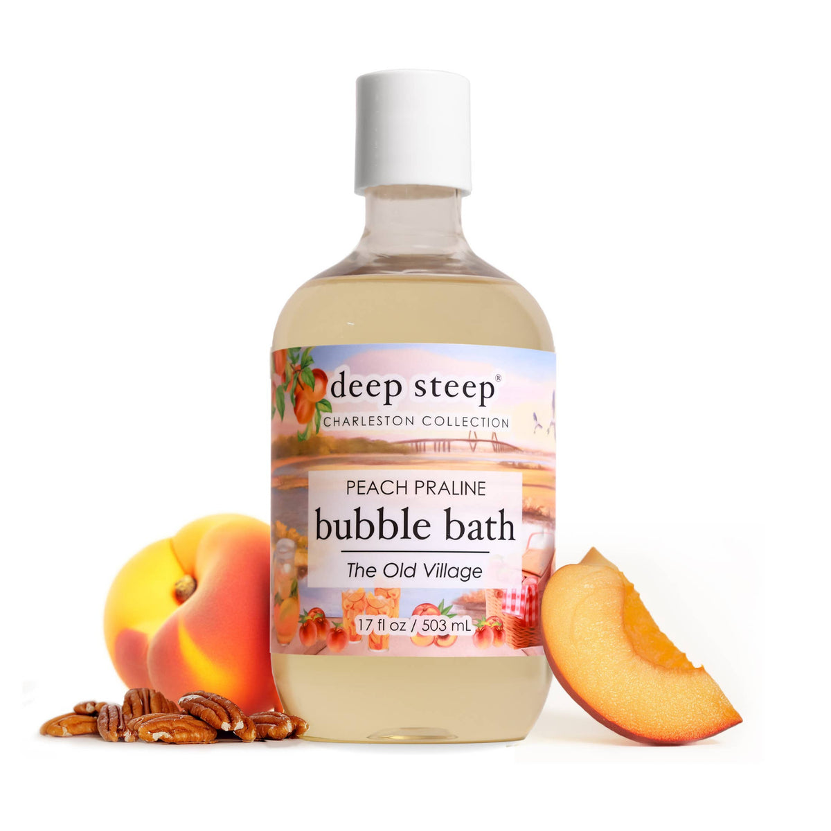 Bottle of Deep Steep Peach Praline bubble bath with peaches and pecans on a white background