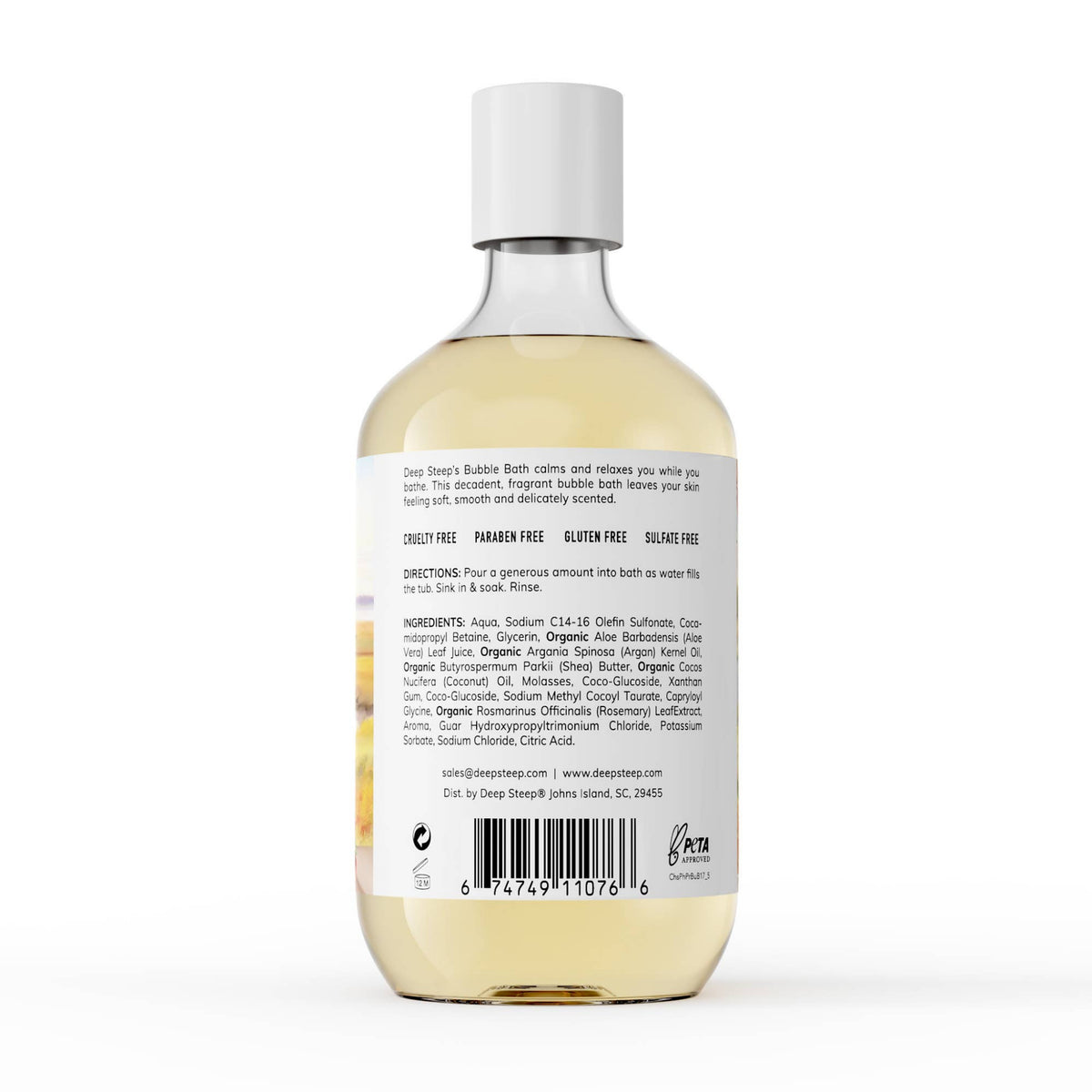 Bottle of Deep Sleep Bubble Bath with label on a white background