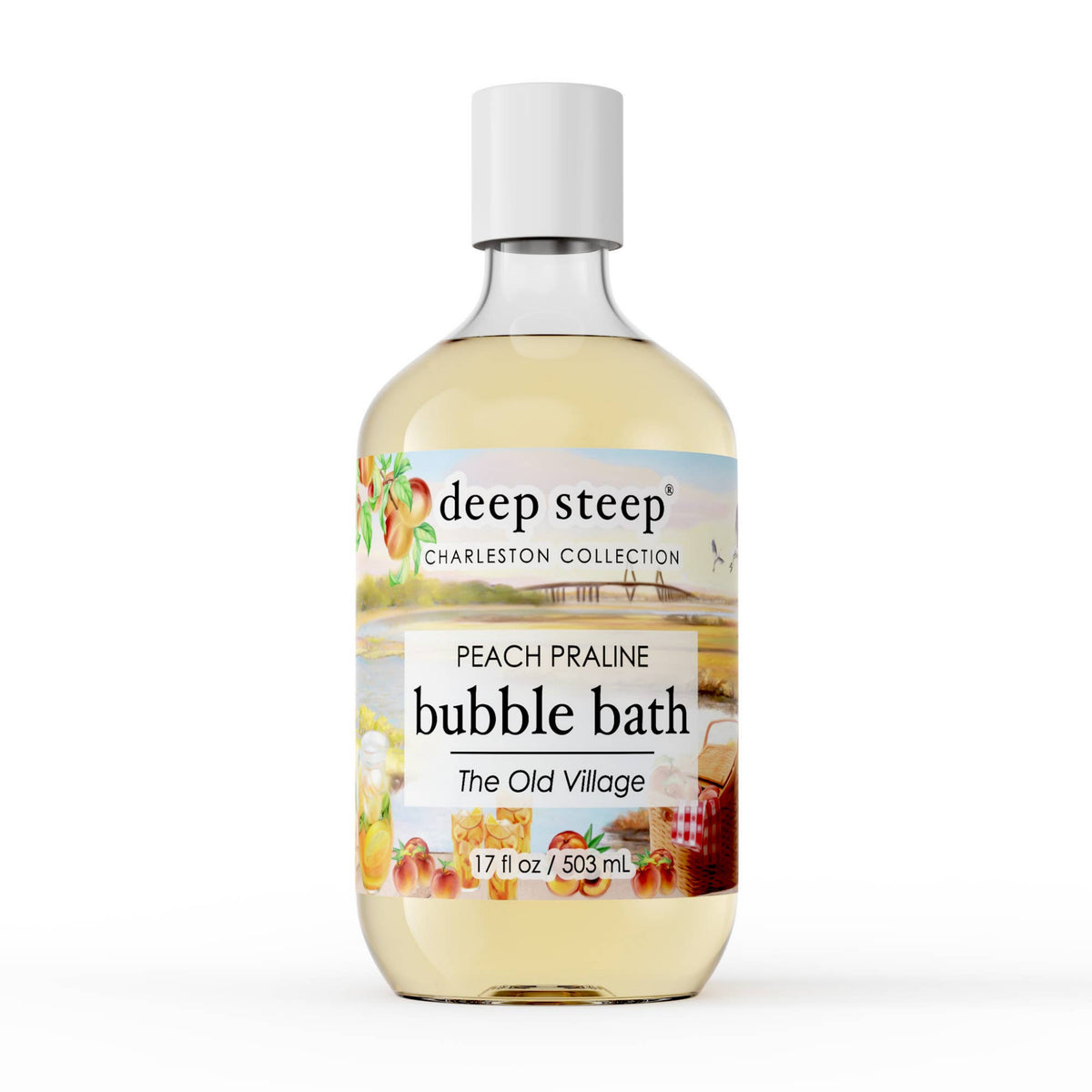 Bottle of Deep Steep Peach Praline bubble bath on a white background