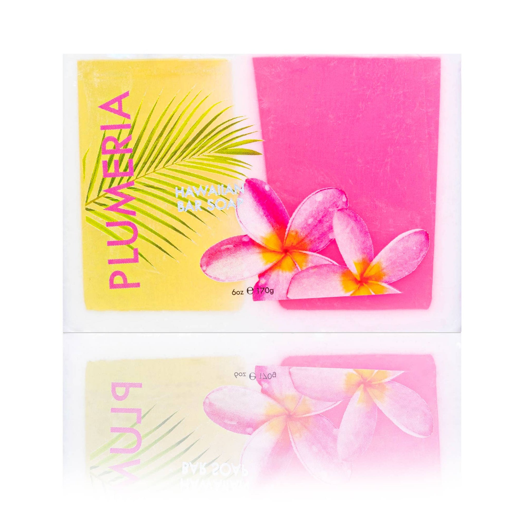 Plumeria soap packaging with floral design on a white background