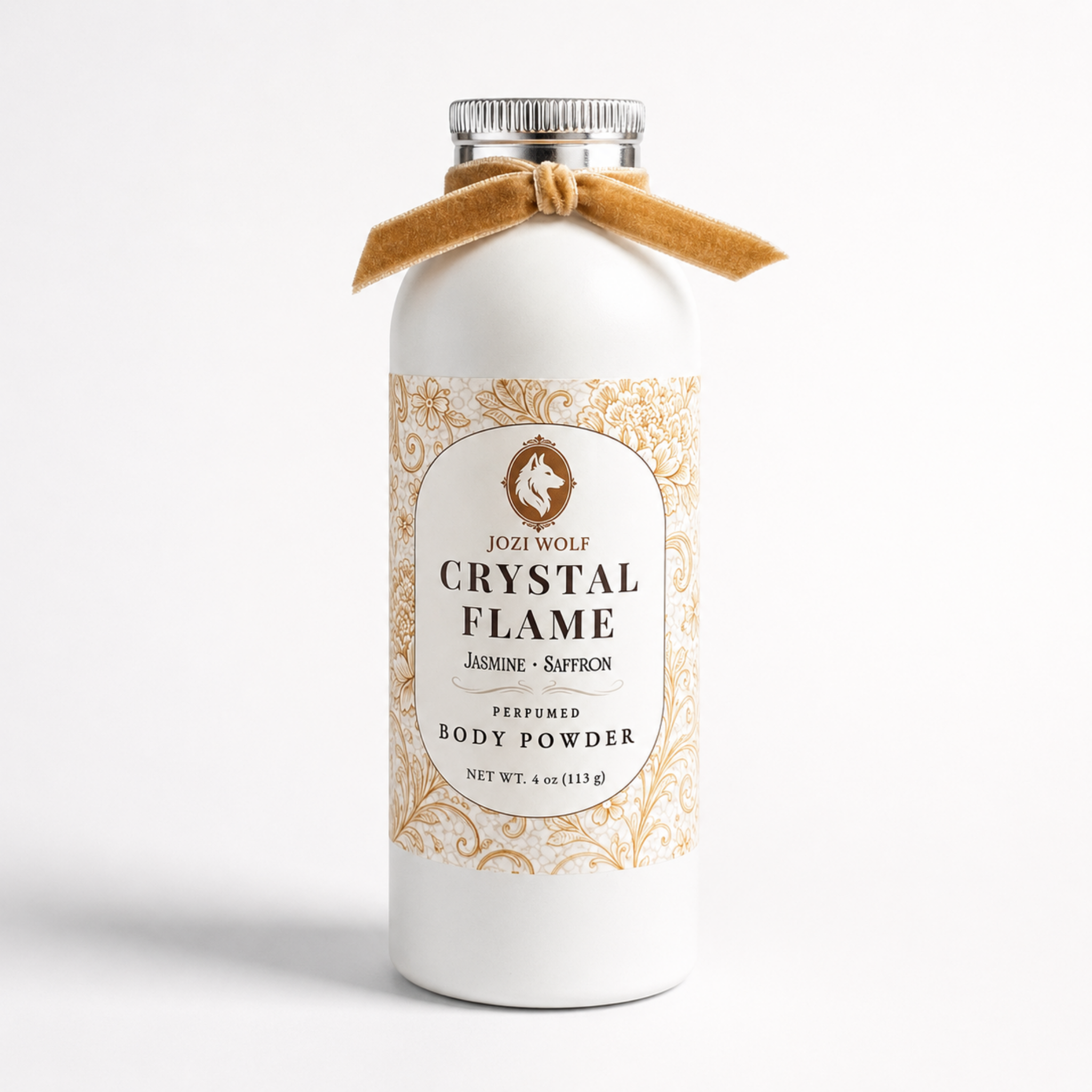 Perfumed body powder bottle with tan ribbon bow, white bottle with gold-bordered label