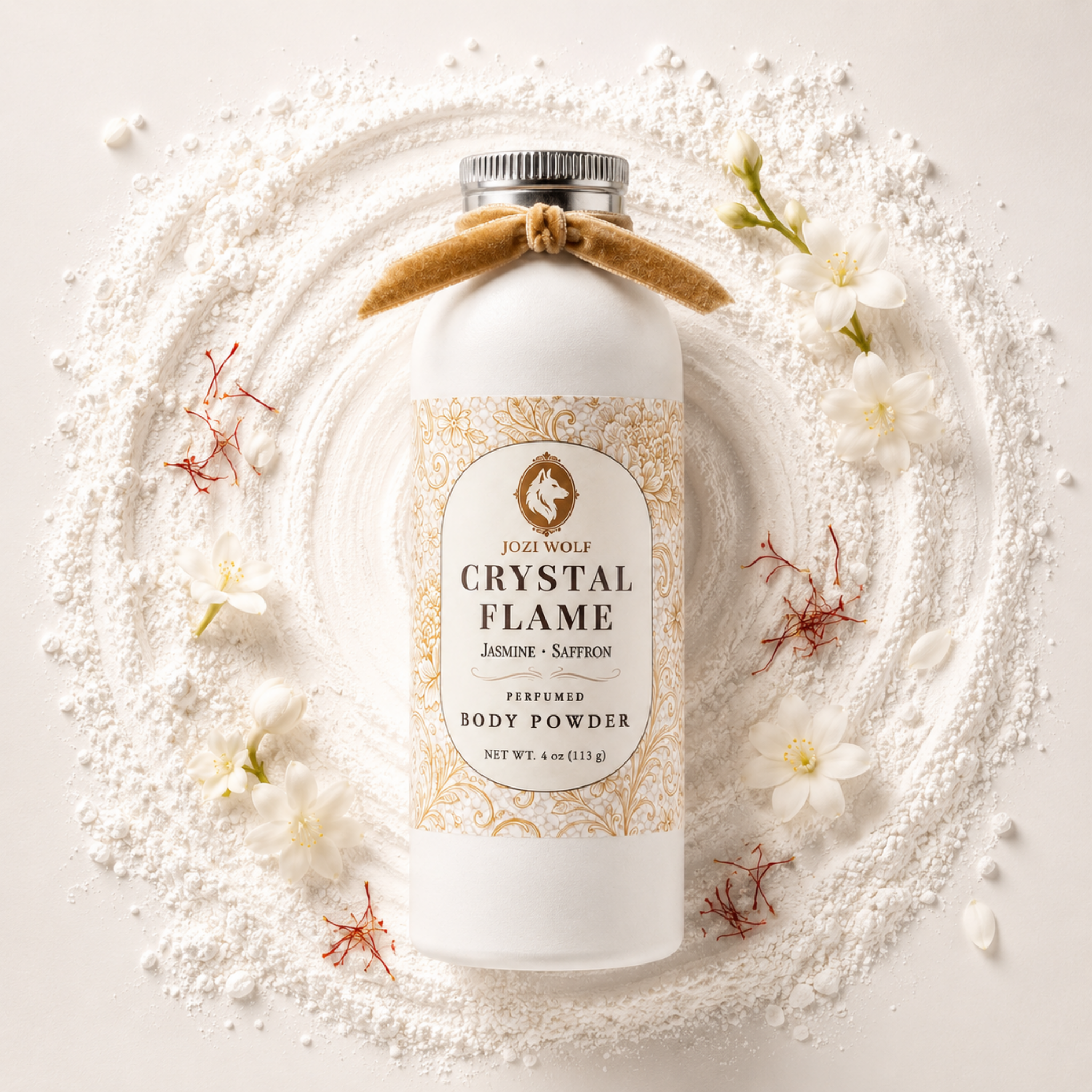 Perfumed body powder bottle with tan ribbon bow, surrounded by white powder and flowers