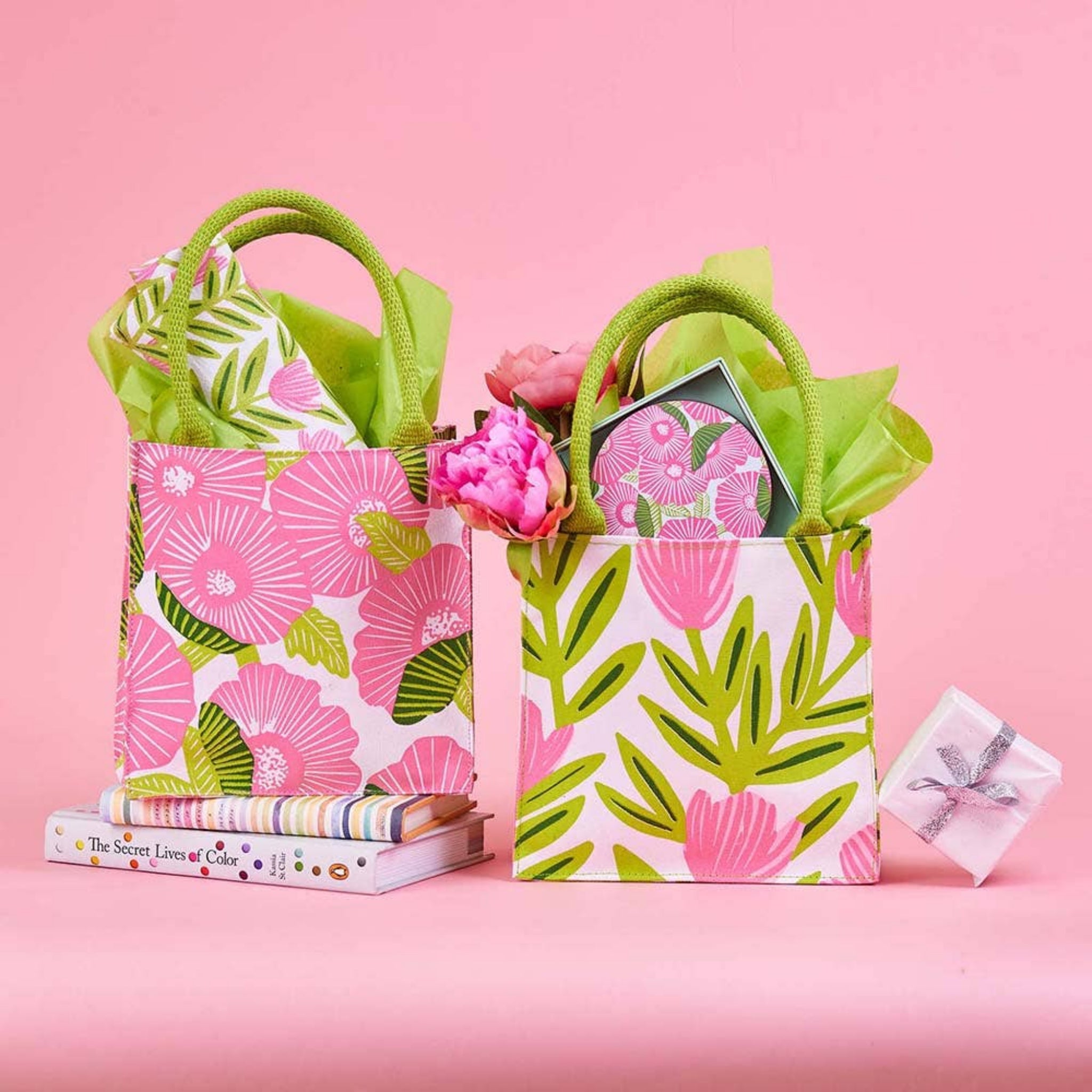 Reusable gift bag set with pink tulip and green leaf print, green handles