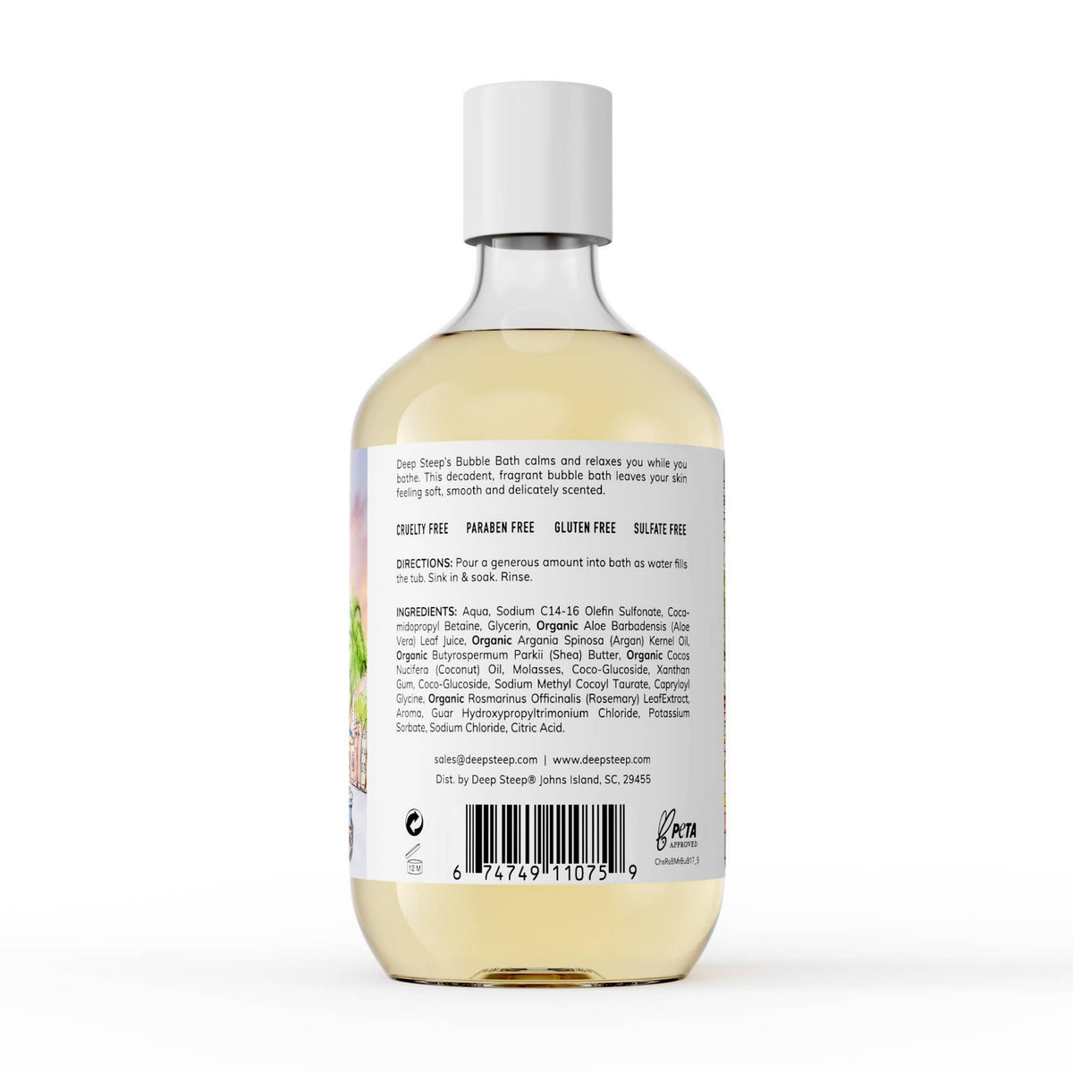 A bottle of Deep Steep's Bubble Bath Soaks, shown from the back, featuring a white cap and a white label with text and a barcode on a white background.