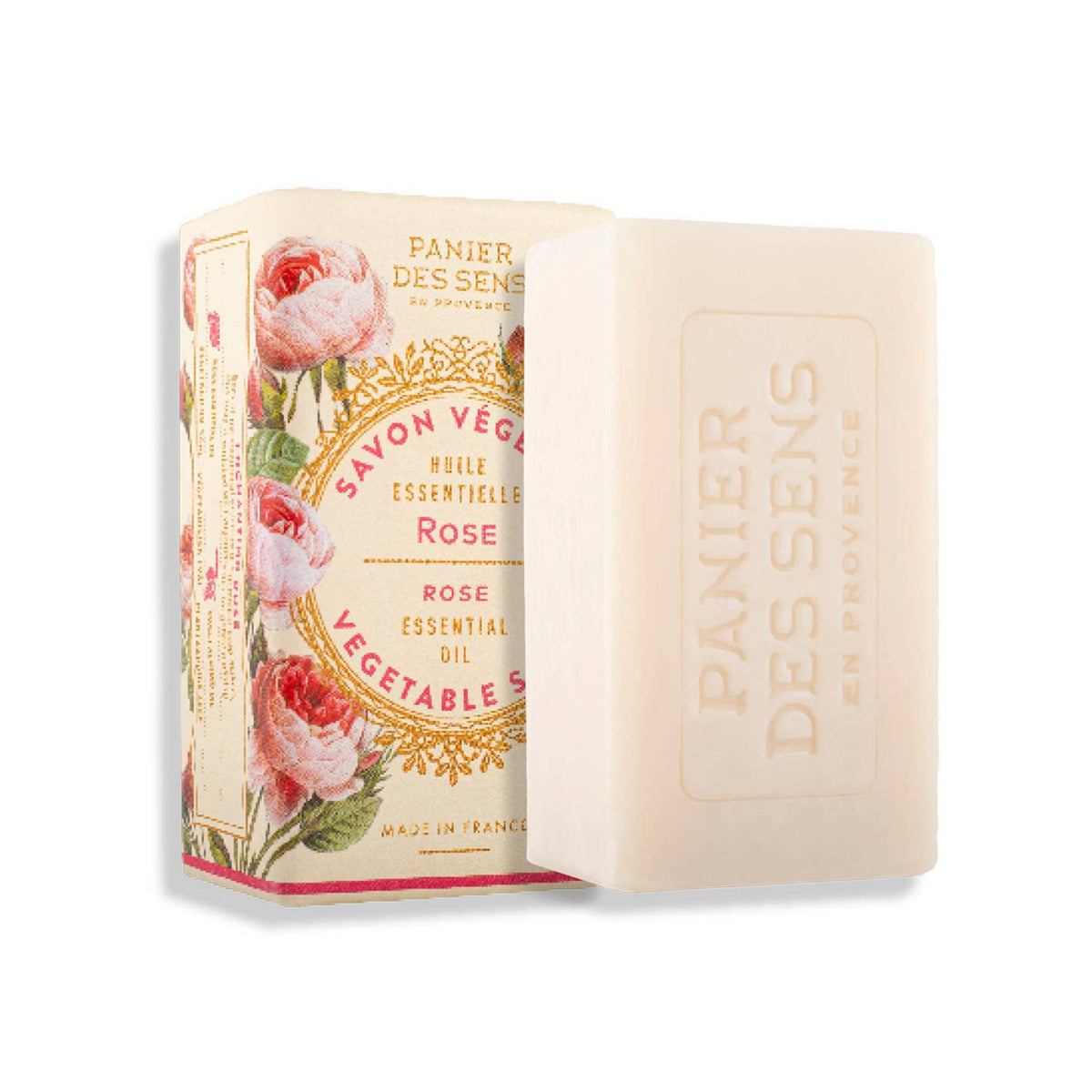 Rose essential oil soap bar with floral patterned box, white and pink
