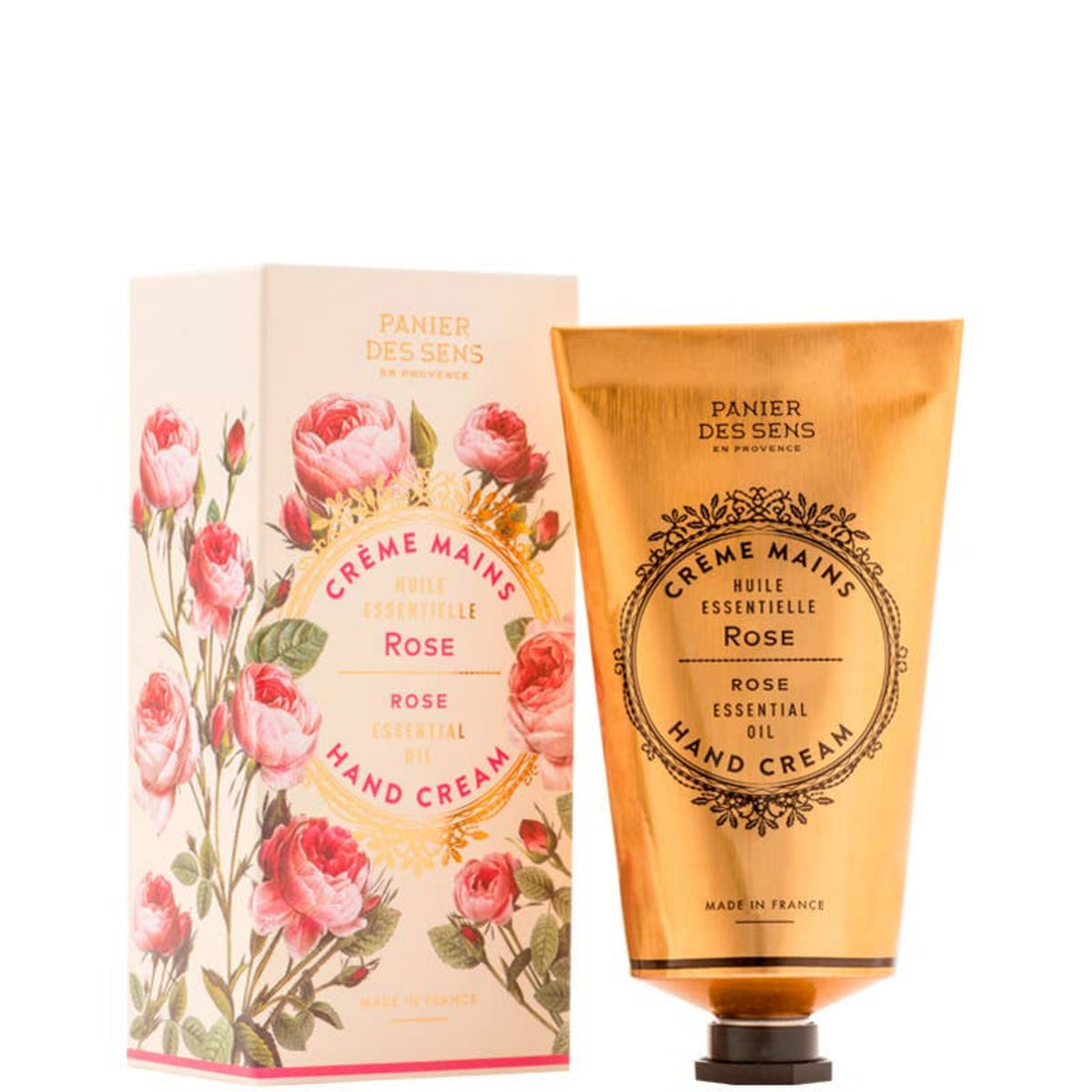 Rose hand cream tube and box, cream and gold with floral artwork