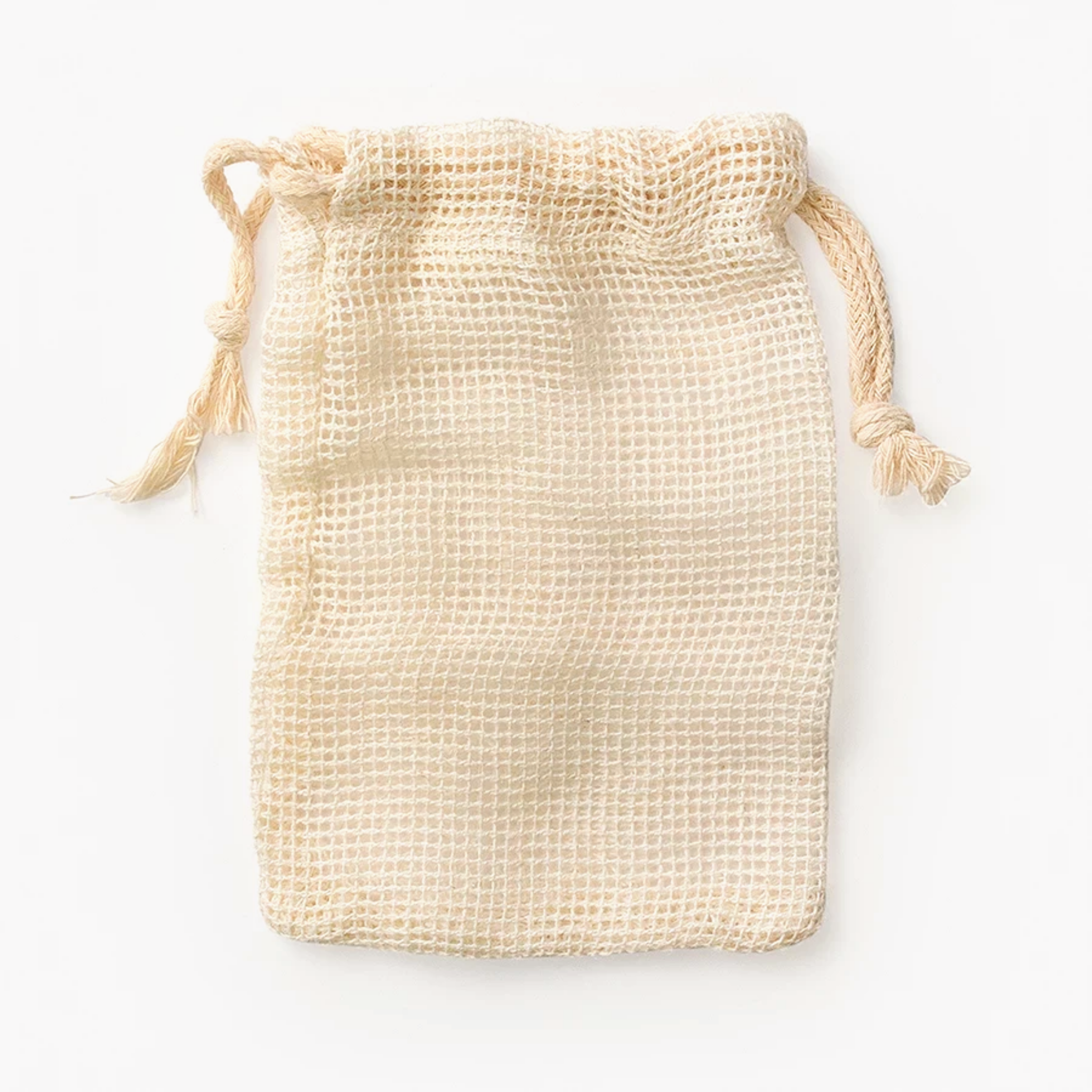 Beige woven drawstring bag on a white background