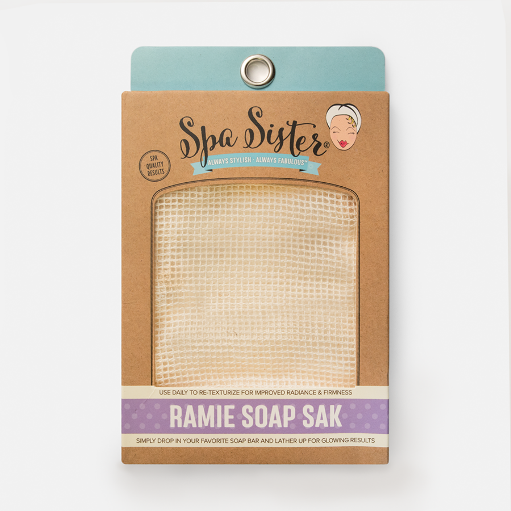 Spa Sister Ramie Soap Sak packaging on a white background
