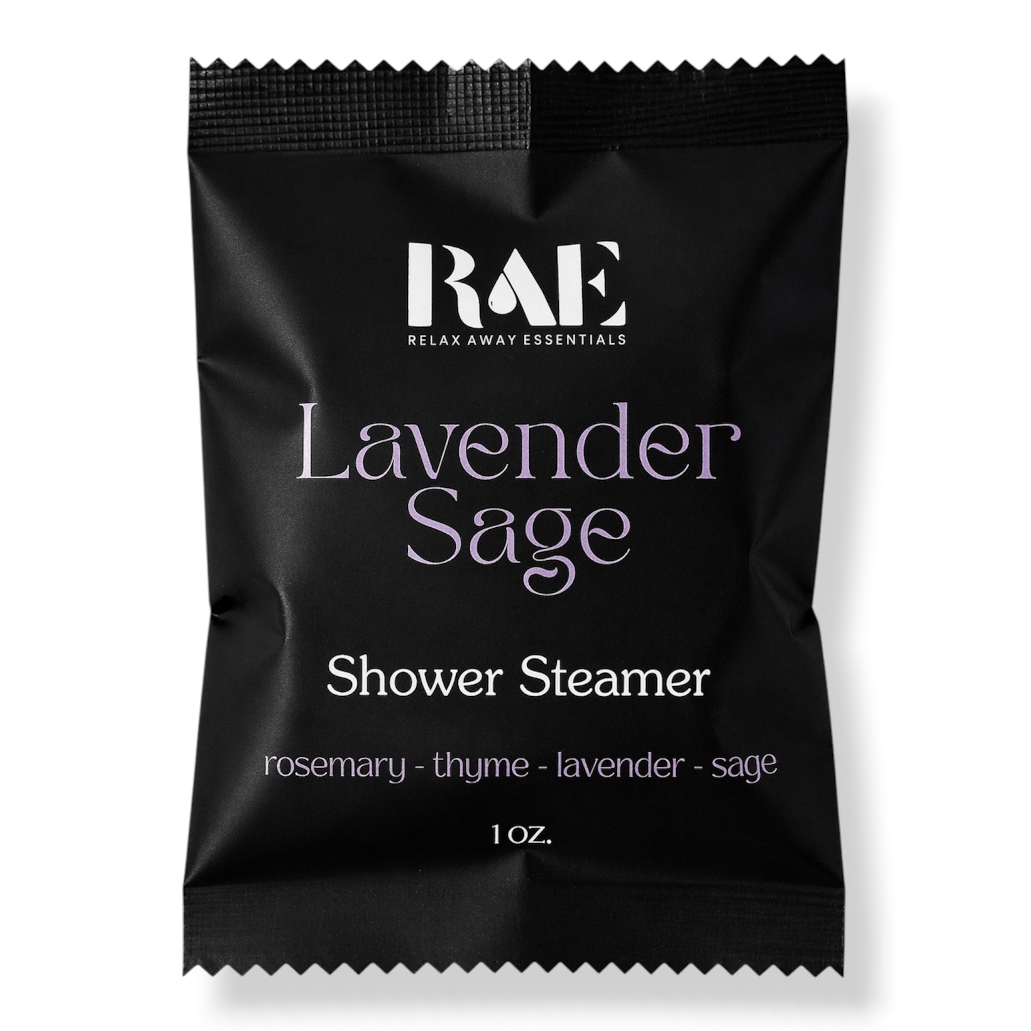 A single black resealable packet of RAE Relax Away Essentials Lavender Sage Shower Steamer, shown on a white background.
