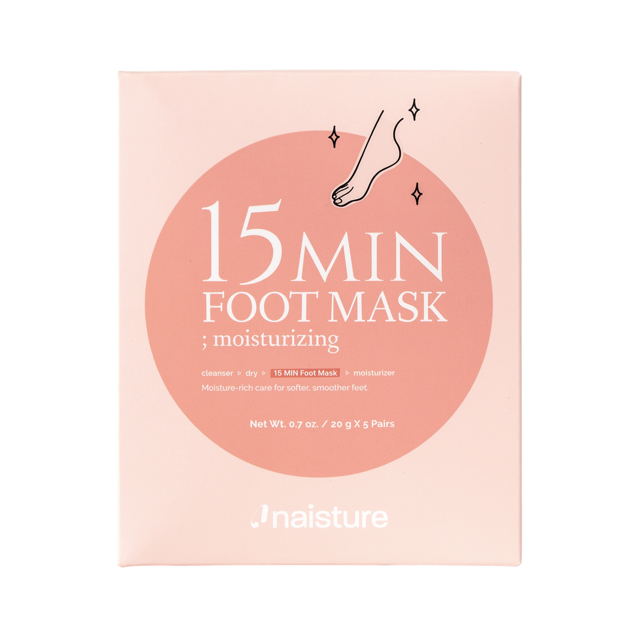 15 Minute Foot Mask packaging with 'moisturizing' text on a pink background