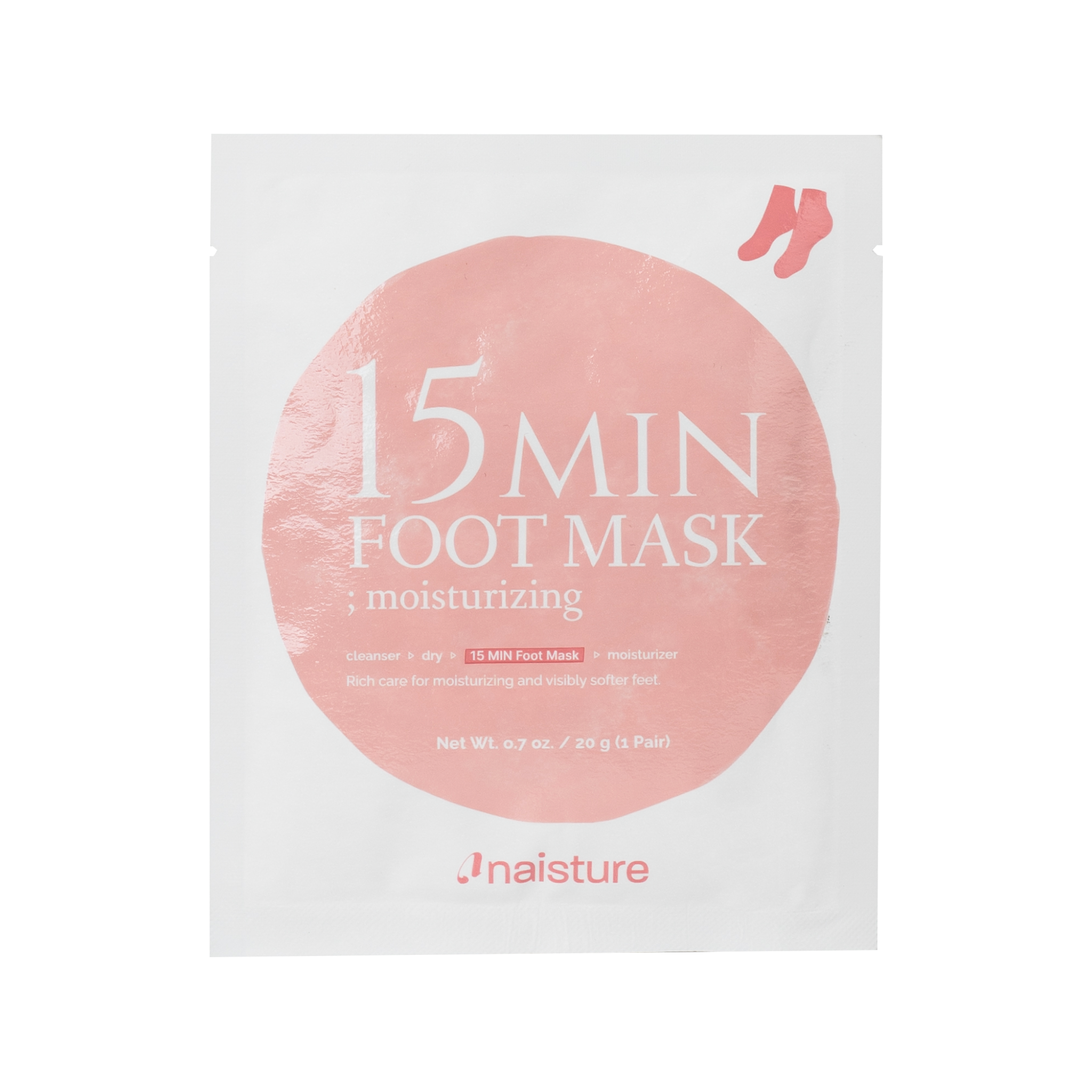 15 Minute Foot Mask packaging with pink circle and text on a white background