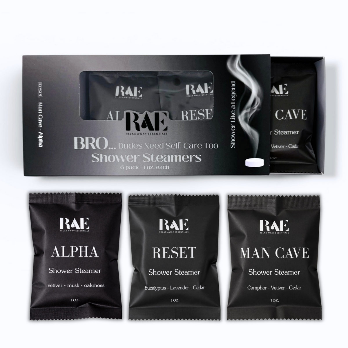 RAE shower steamers packaging on a white background