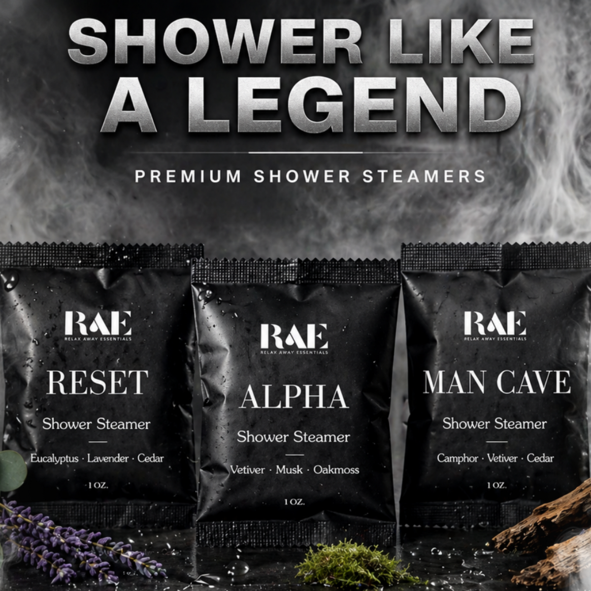 Three RAE shower steamers with 'Shower Like a Legend' text and smoke effect.