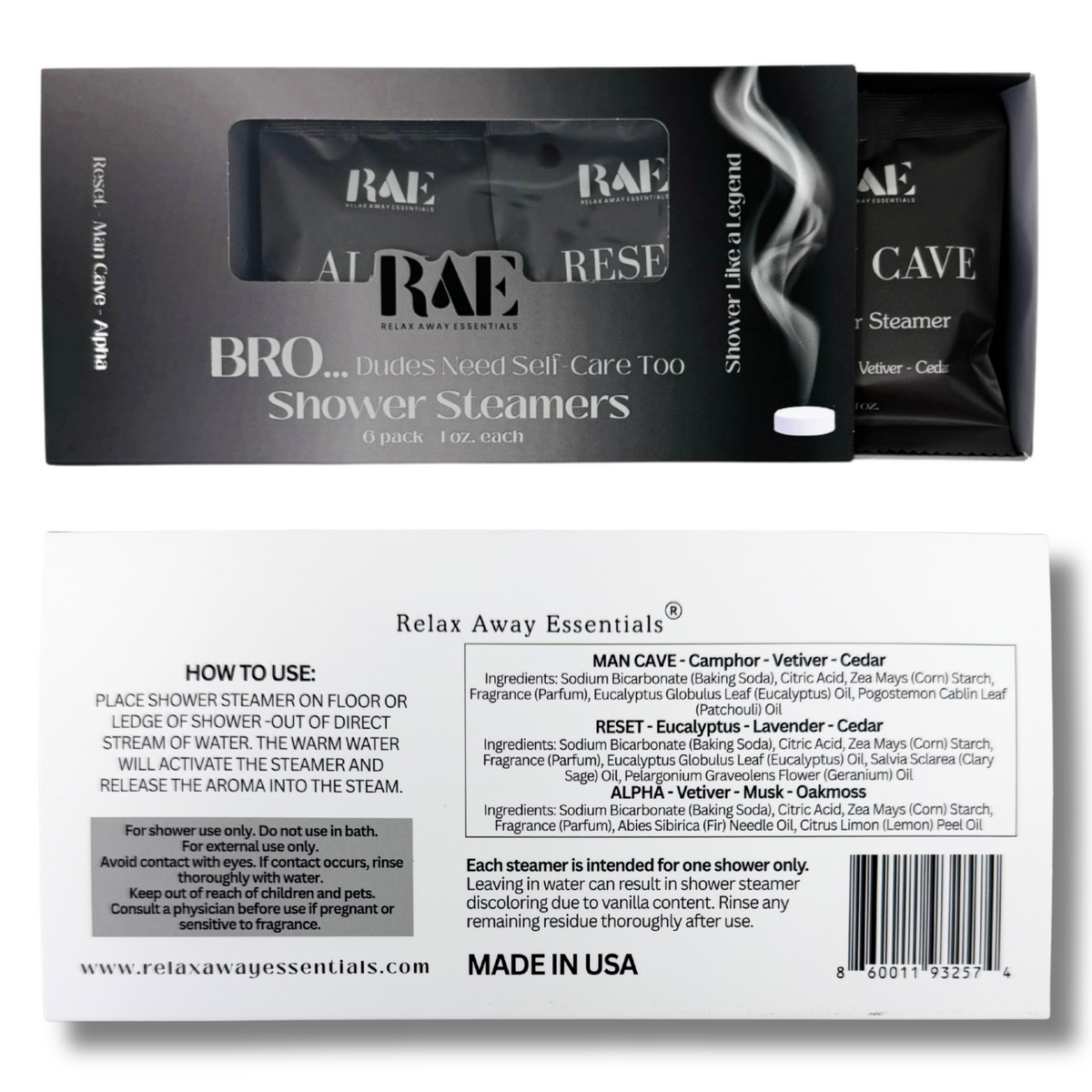 Packaging of RAE shower steamers with product details and usage instructions.