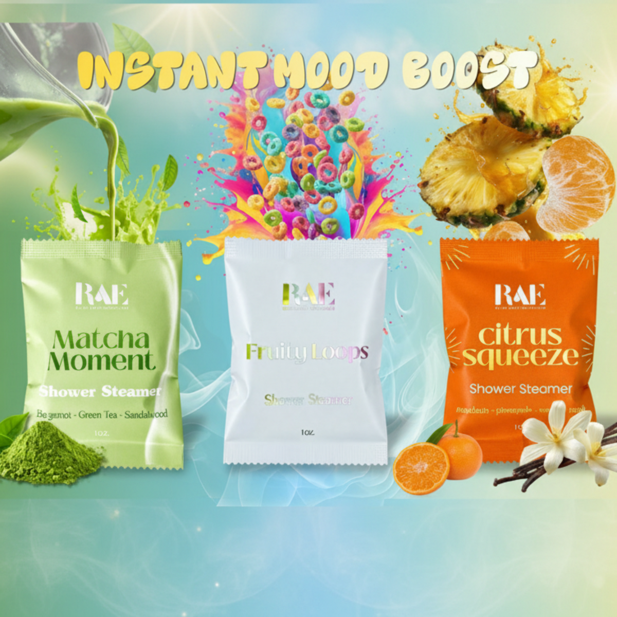 Three shower steamer packages with colorful ingredients and 'RAE' branding on a vibrant background.