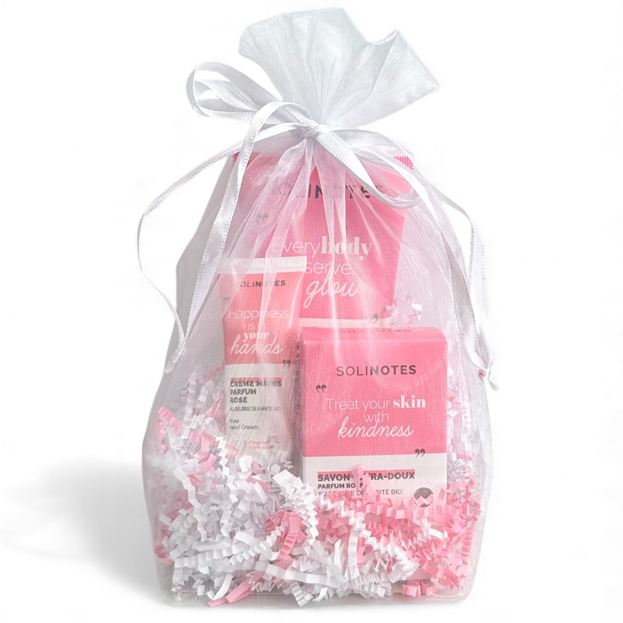 SOLINOTES rose gift set in clear organza bag with pink ribbon and assorted items