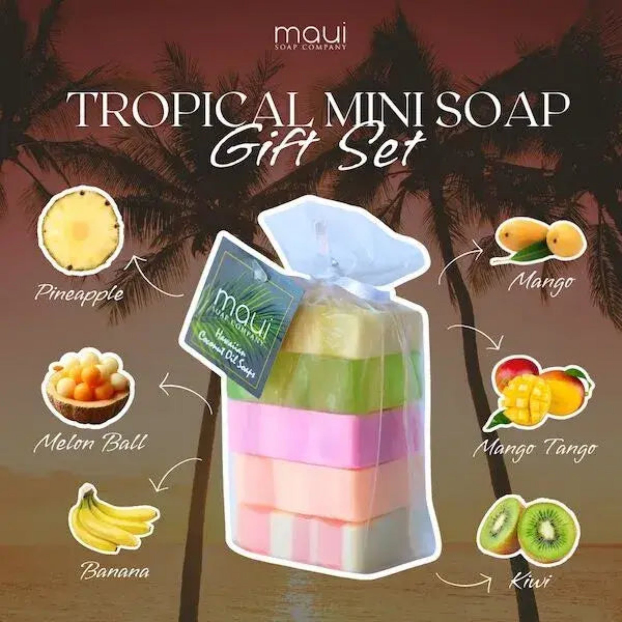 Tropical mini soap gift set with various fruit-themed soaps and 'maui' branding.