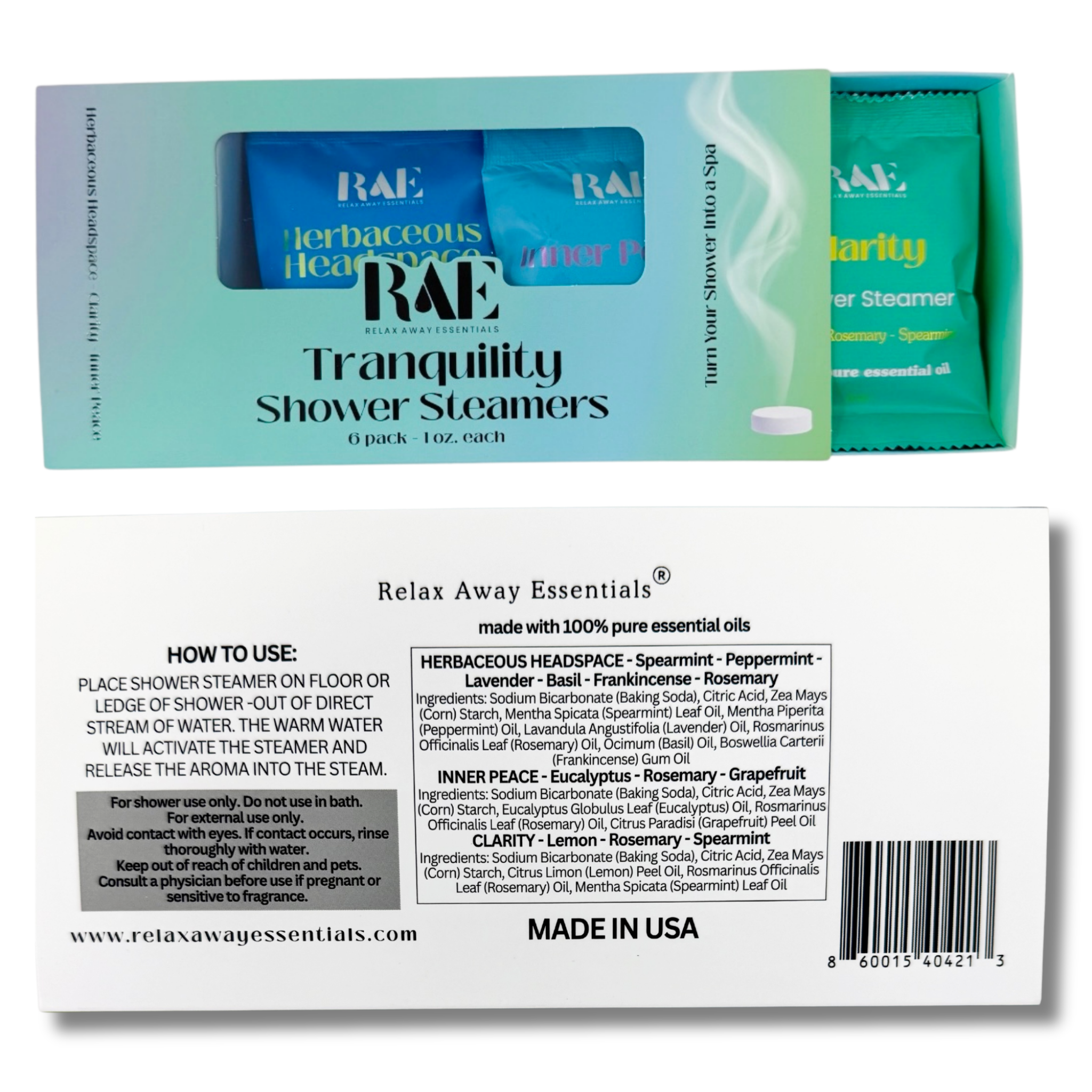 Tranquility shower steamer 6-pack box back with instructions and barcode