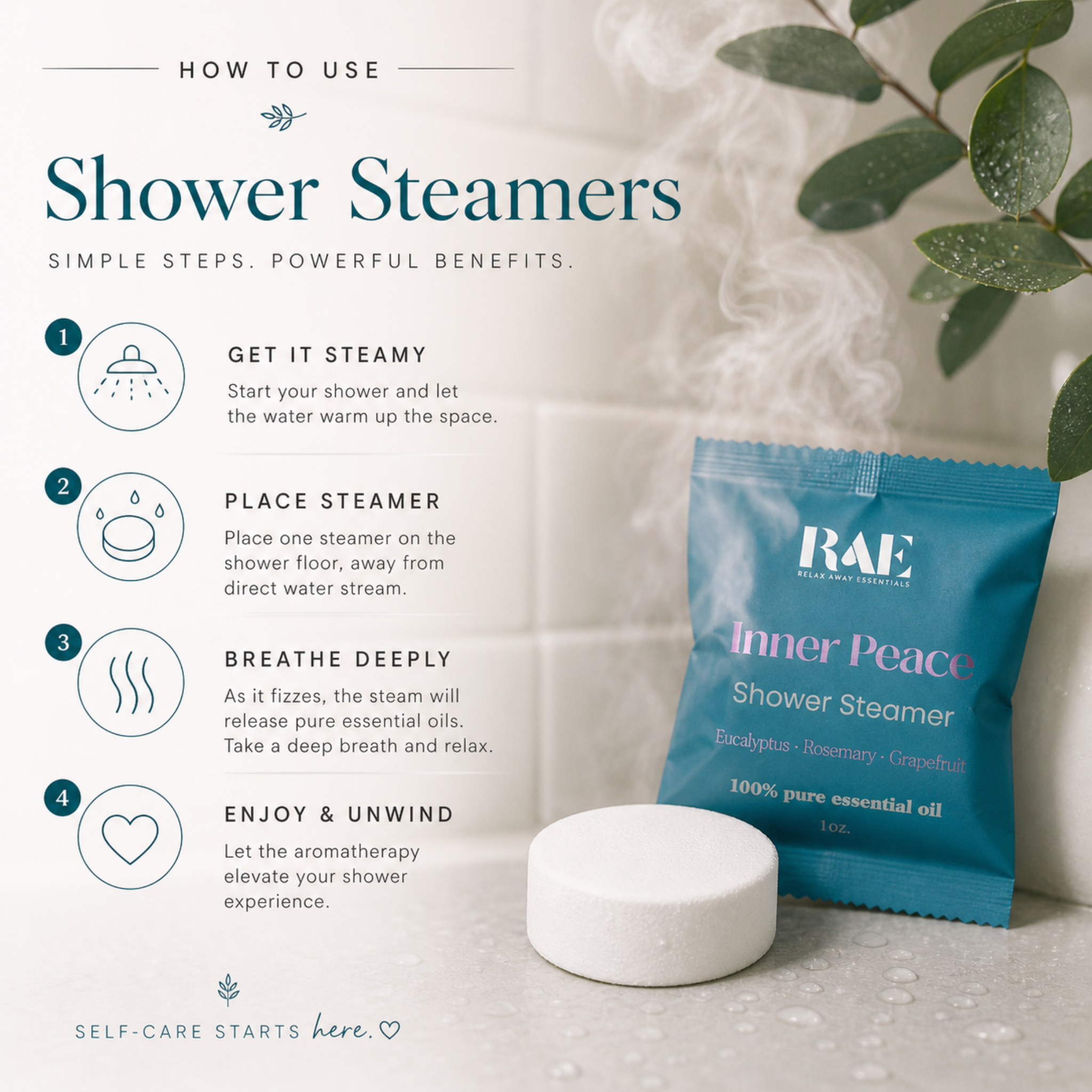 RAE shower steamer pouch with white steamer tablet and how-to steps layout