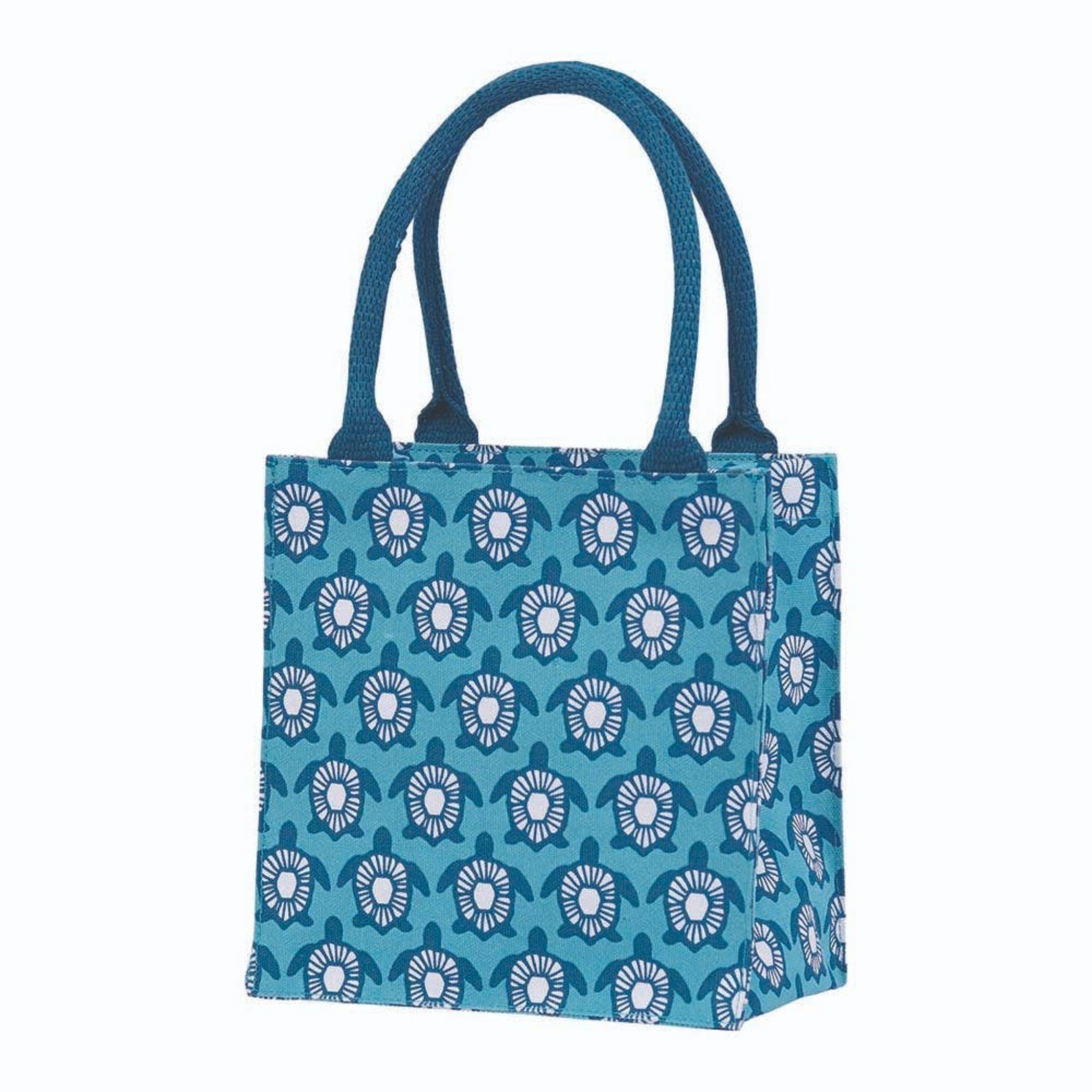Blue tote bag with turtle pattern on a white background