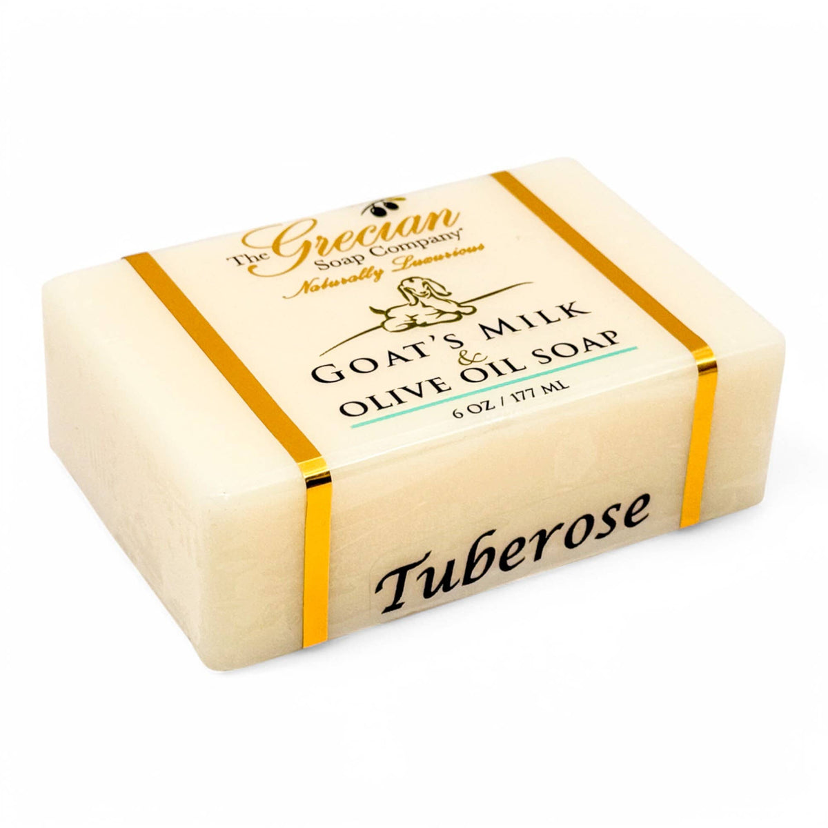 Tuberose goat's milk olive oil bar soap, off-white with gold label