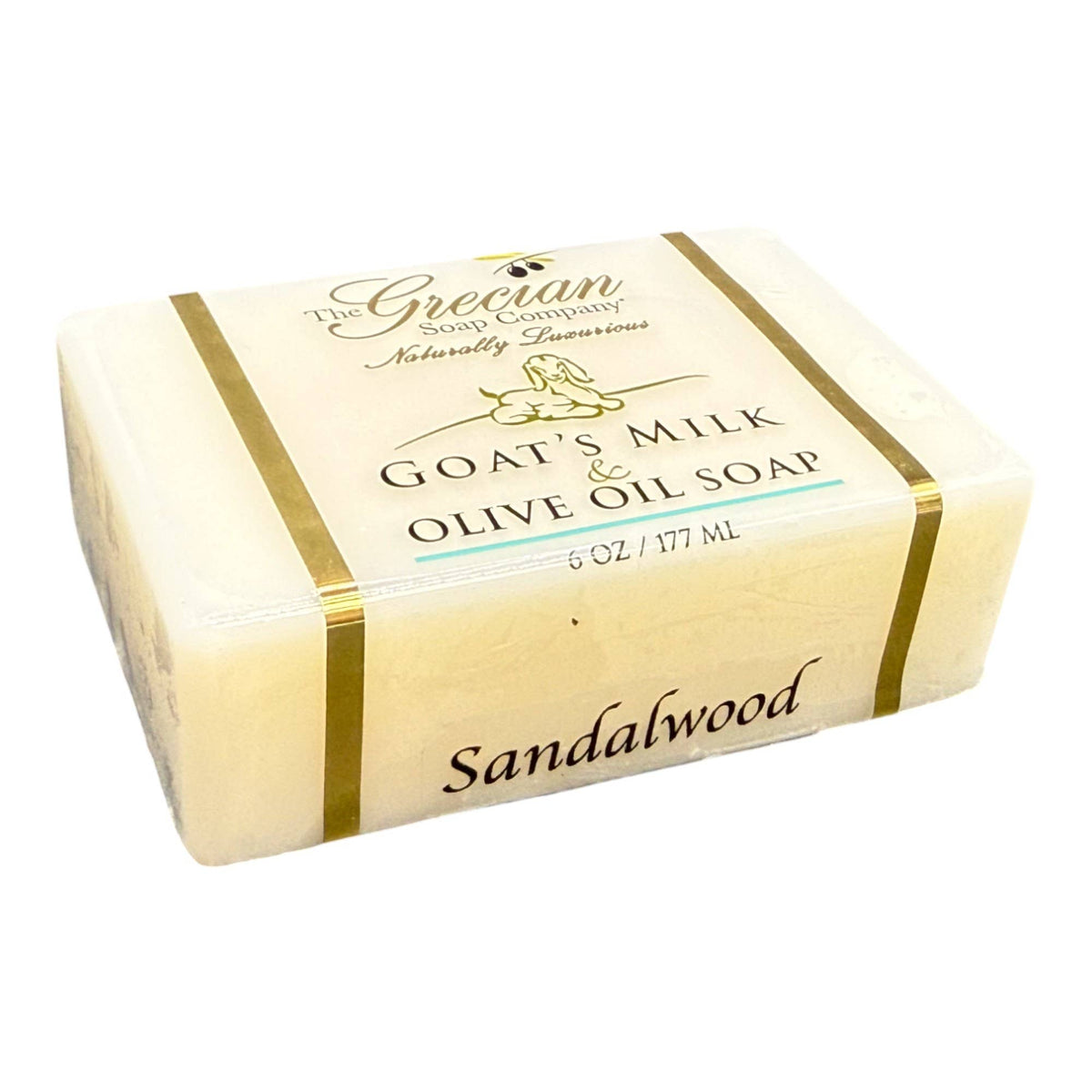 Sandalwood goat's milk olive oil bar soap, beige cream with gold band