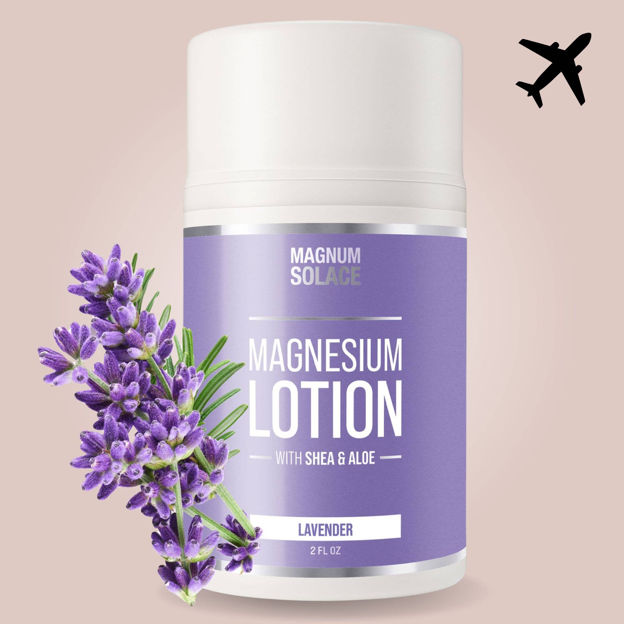Lavender magnesium lotion bottle with purple label, 2 fl oz, white cap.