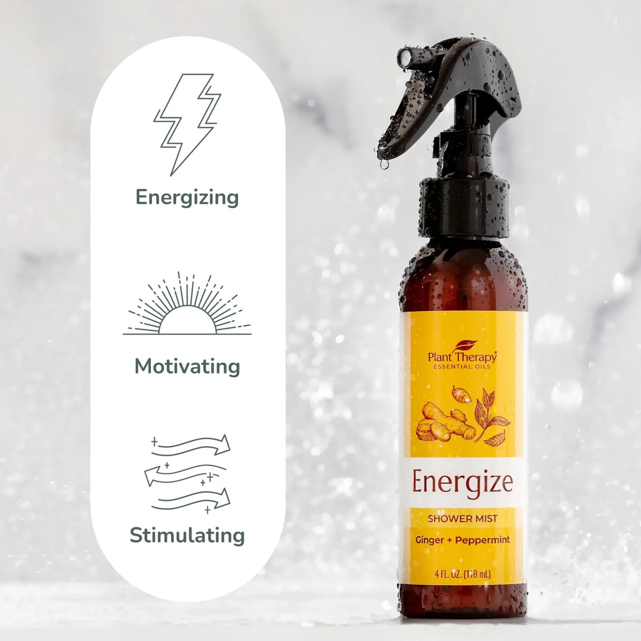 Energize shower mist spray bottle with black trigger sprayer, ginger-peppermint scent