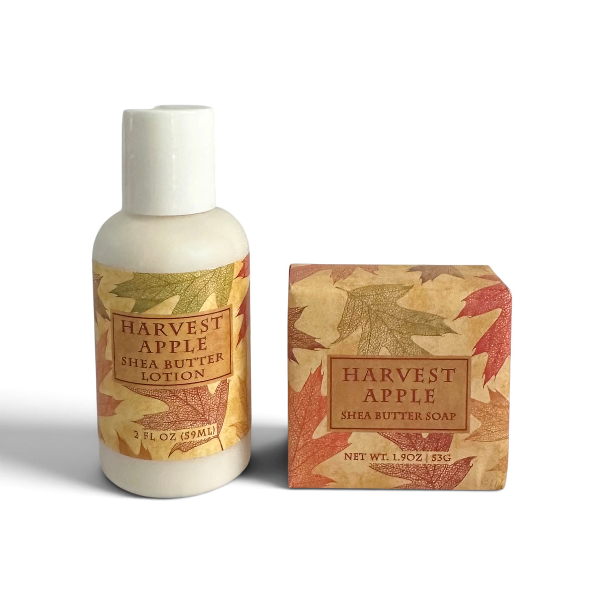 Travel lotion and soap set with Harvest Apple labels on bottle and bar