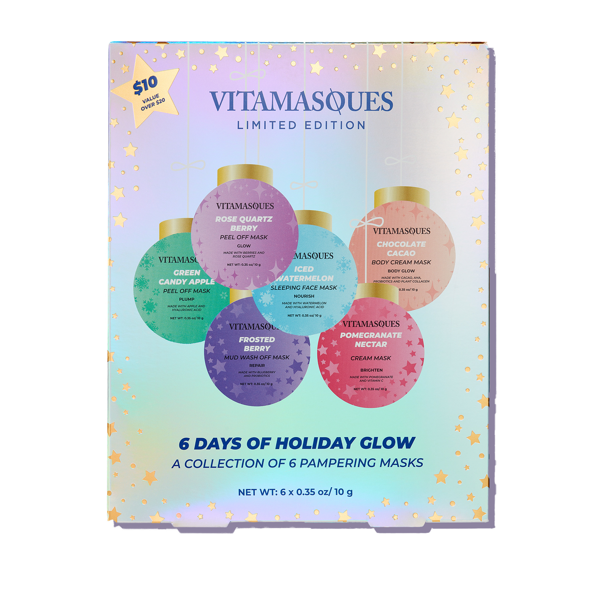 VITAMASQUES Limited Edition '6 Days of Holiday Glow' set in a pastel iridescent box with gold star accents, featuring six colorful circular mask bottles: Green Candy Apple Peel-Off Mask, Purple Berry Sleeping Face Mask, Pink Rose Quartz Body Cream Mask, Purple Rose Quartz Body Mask, and Red Pomade Body Scrub.