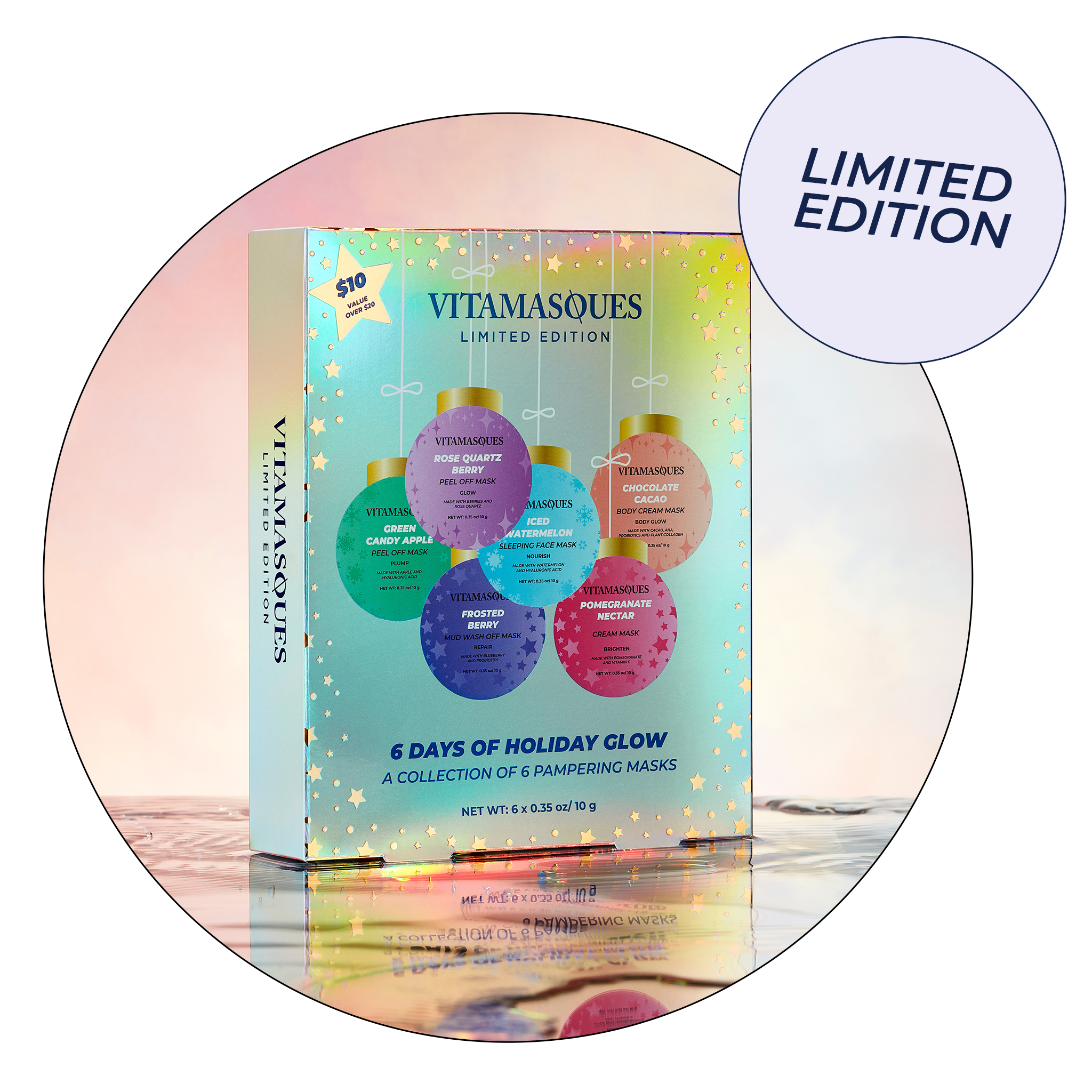 Vitamasques Limited Edition 6 Days of Holiday Glow mask box shown on a pastel gradient background with a circular 'LIMITED EDITION' badge. The box features colorful holiday ornament graphics and text for six pampering masks.