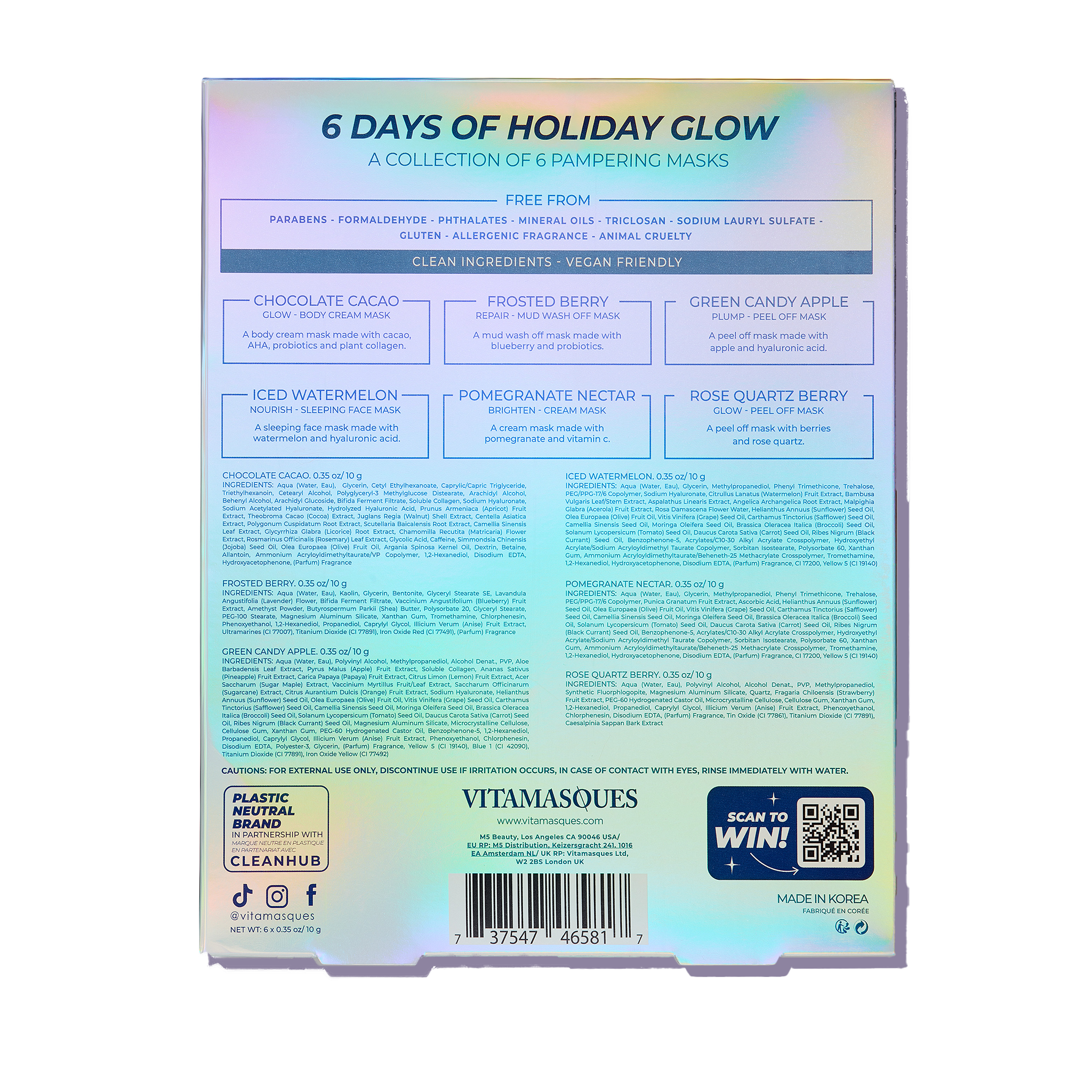 The back of a Vitamasques skincare box showing product details, ingredients, and a QR code, with a holographic finish shifting between blue, green, and pink.