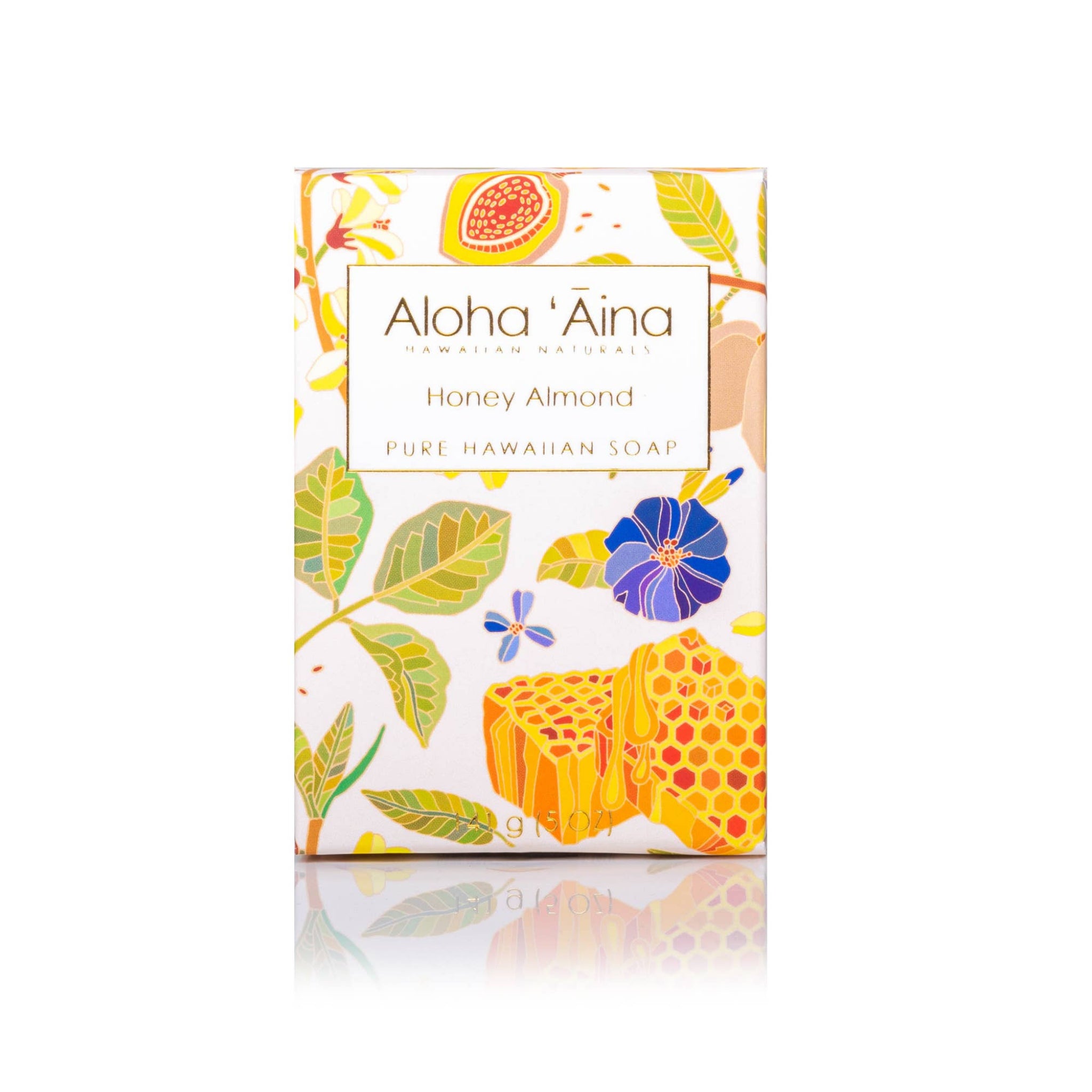 Honey almond pure bar soap box with floral honeycomb design