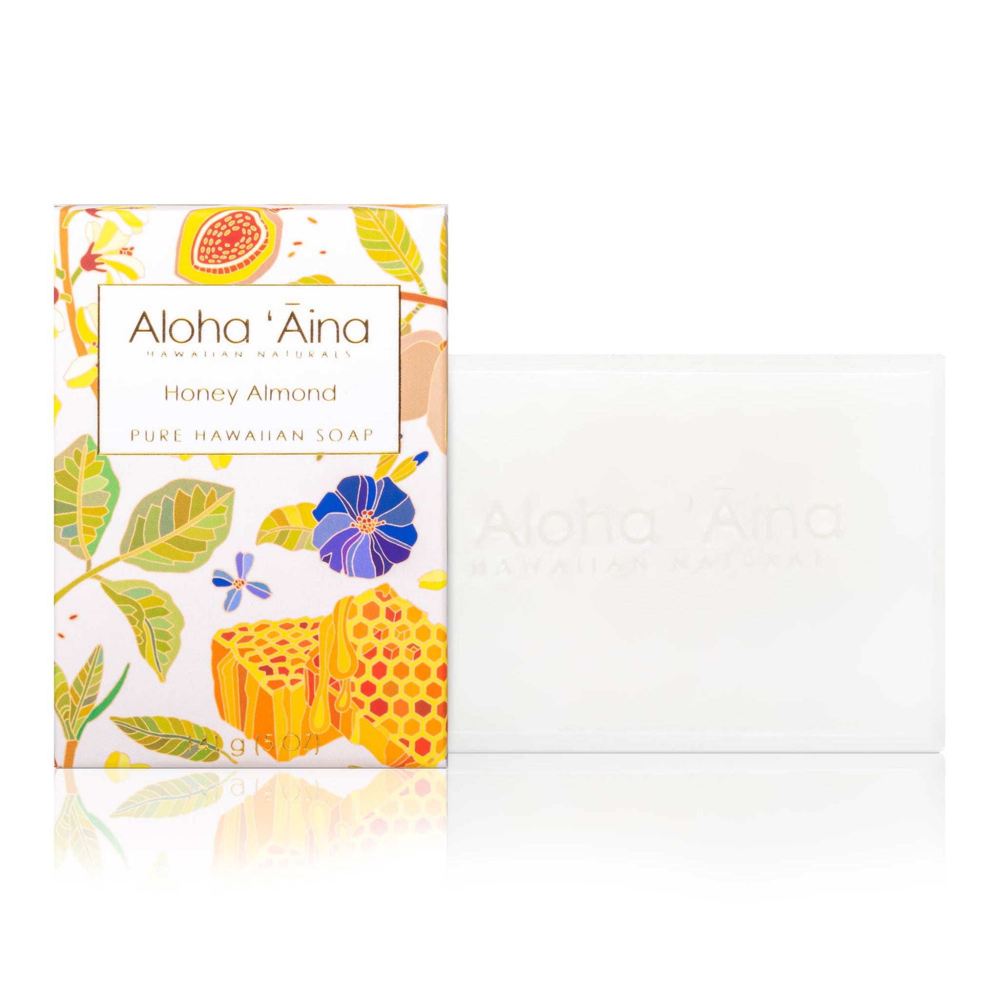 Honey almond pure bar soap box with a view of the soap inside