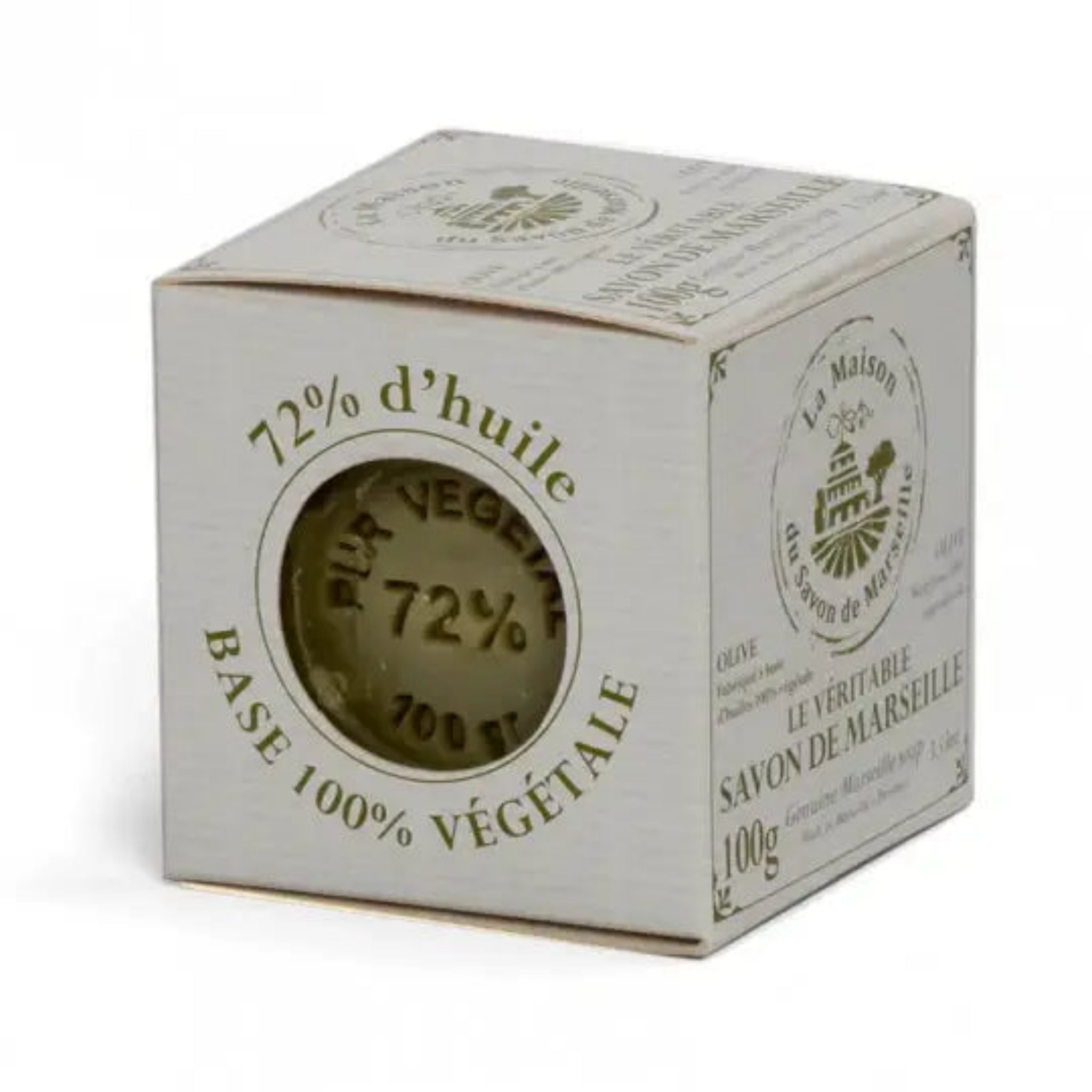 Marseille soap cube with olive-oil label showing 72% on cream-colored box