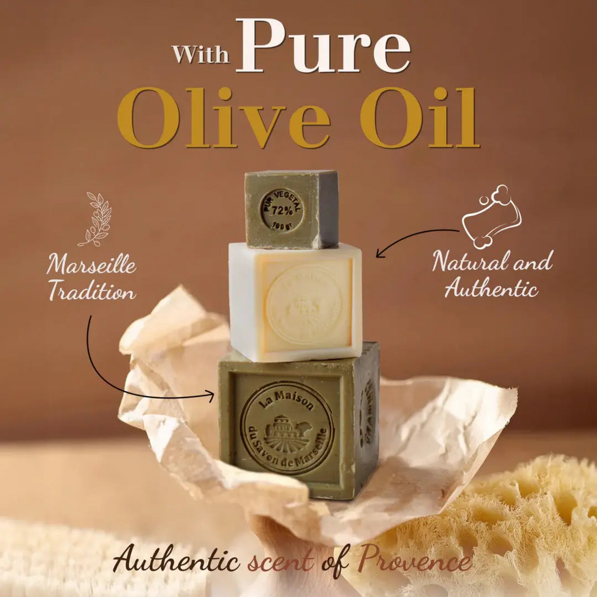 Stacked Marseille soap cubes; one shows 72% olive-oil mark and round logo