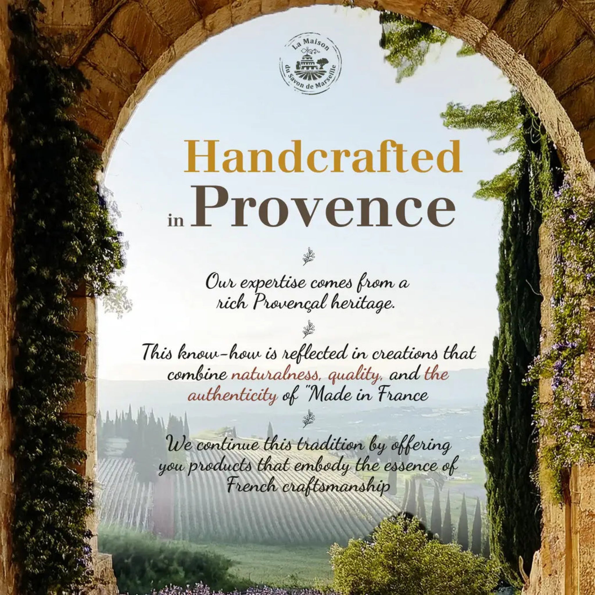 Marseille soap handcrafted in Provence banner with small round logo at top