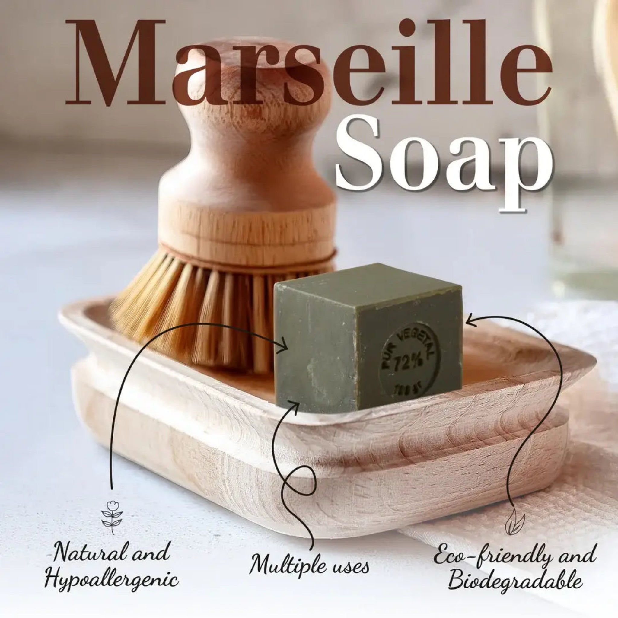 Marseille soap bar cube on a wooden tray with a natural bristle brush