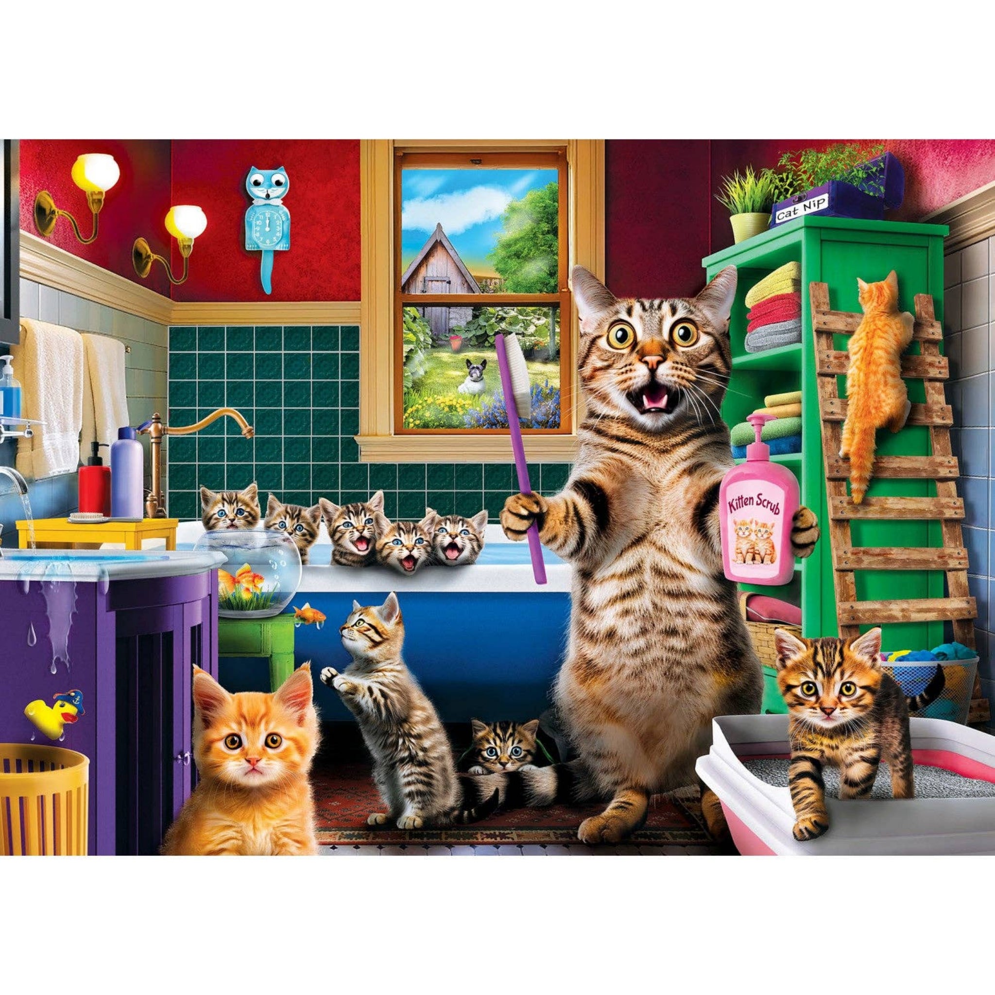 Cartoon cat holding a bottle of Kitten Love in a bathroom with kittens.