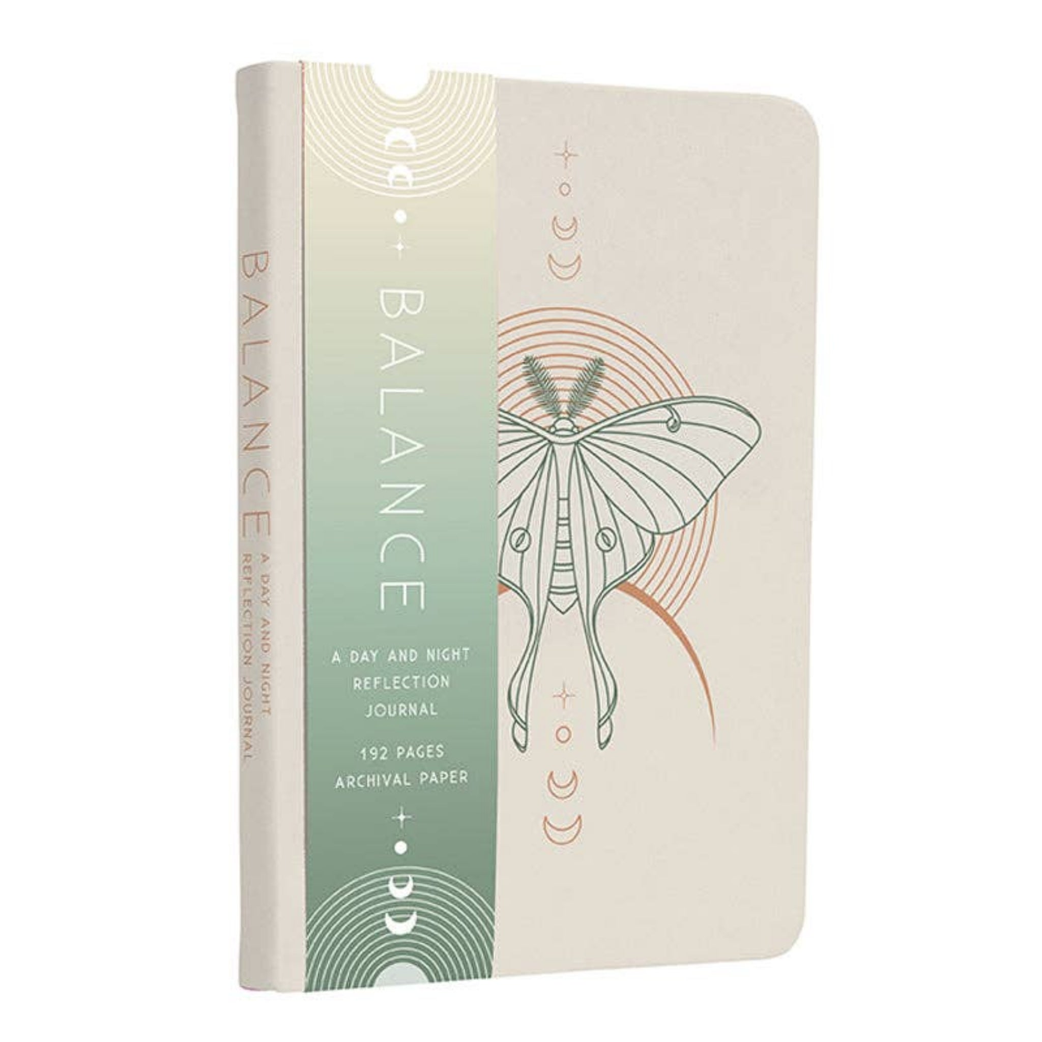 Beige reflection journal with green moth illustration and side title, hardback cover