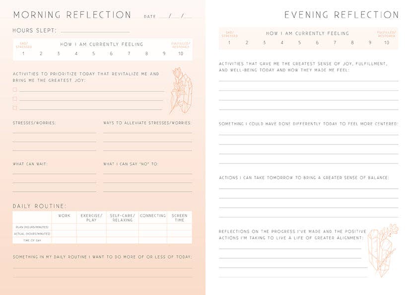 Two-page journal spread with “Morning Reflection” and “Evening Reflection” ruled sections