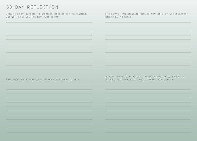 Reflection journal page labeled “30-Day Reflection” with lined checklist sections